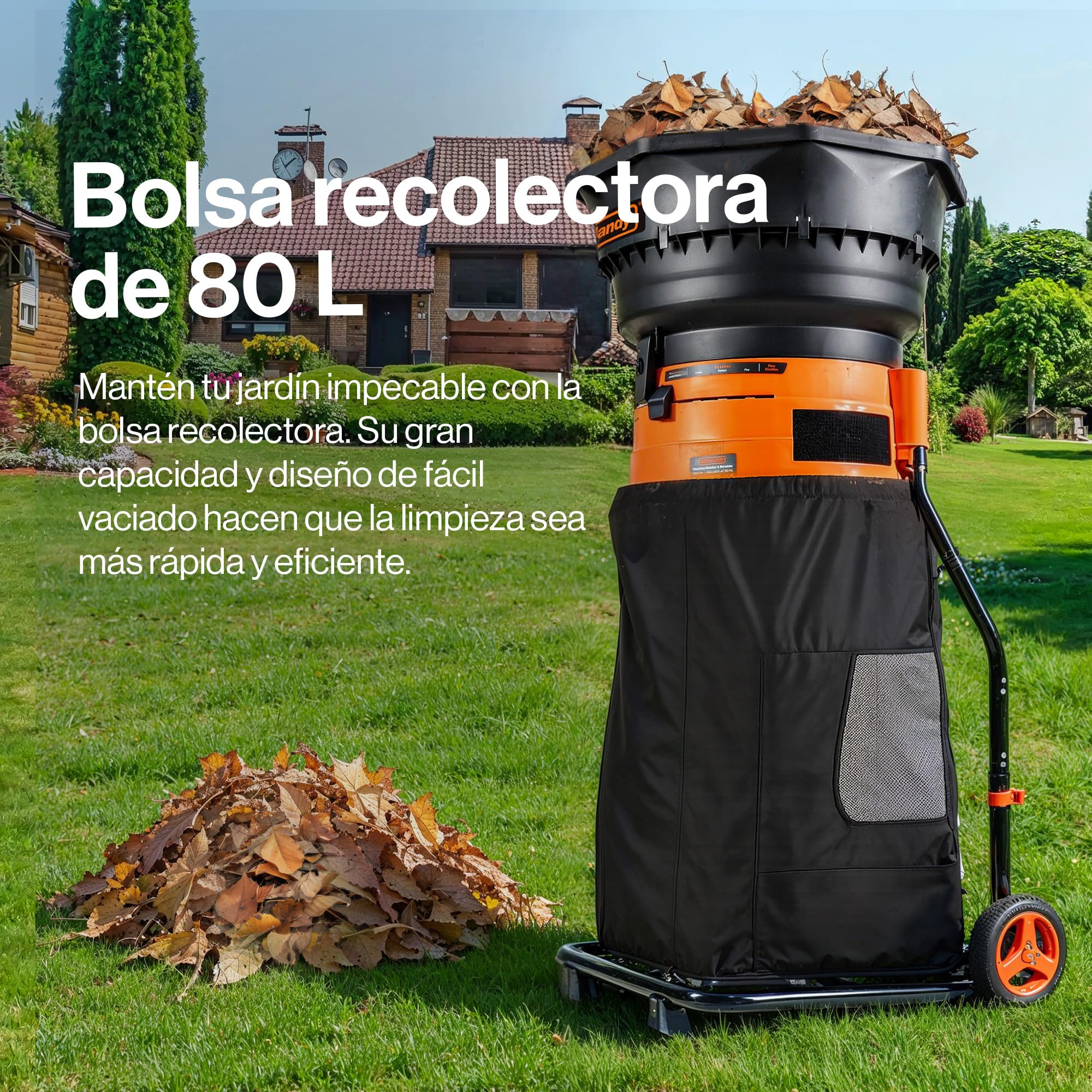 SuperHandy Mulcher & Trituradora sin Cuchillas Eléctrica para Hojas de Jardín – Motor de 1800W, Embudo de 50 cm, Relación de Mulch 16:1, Bolsa de Recolección de 80 L, Diseño Ligero de 8,5 kg
