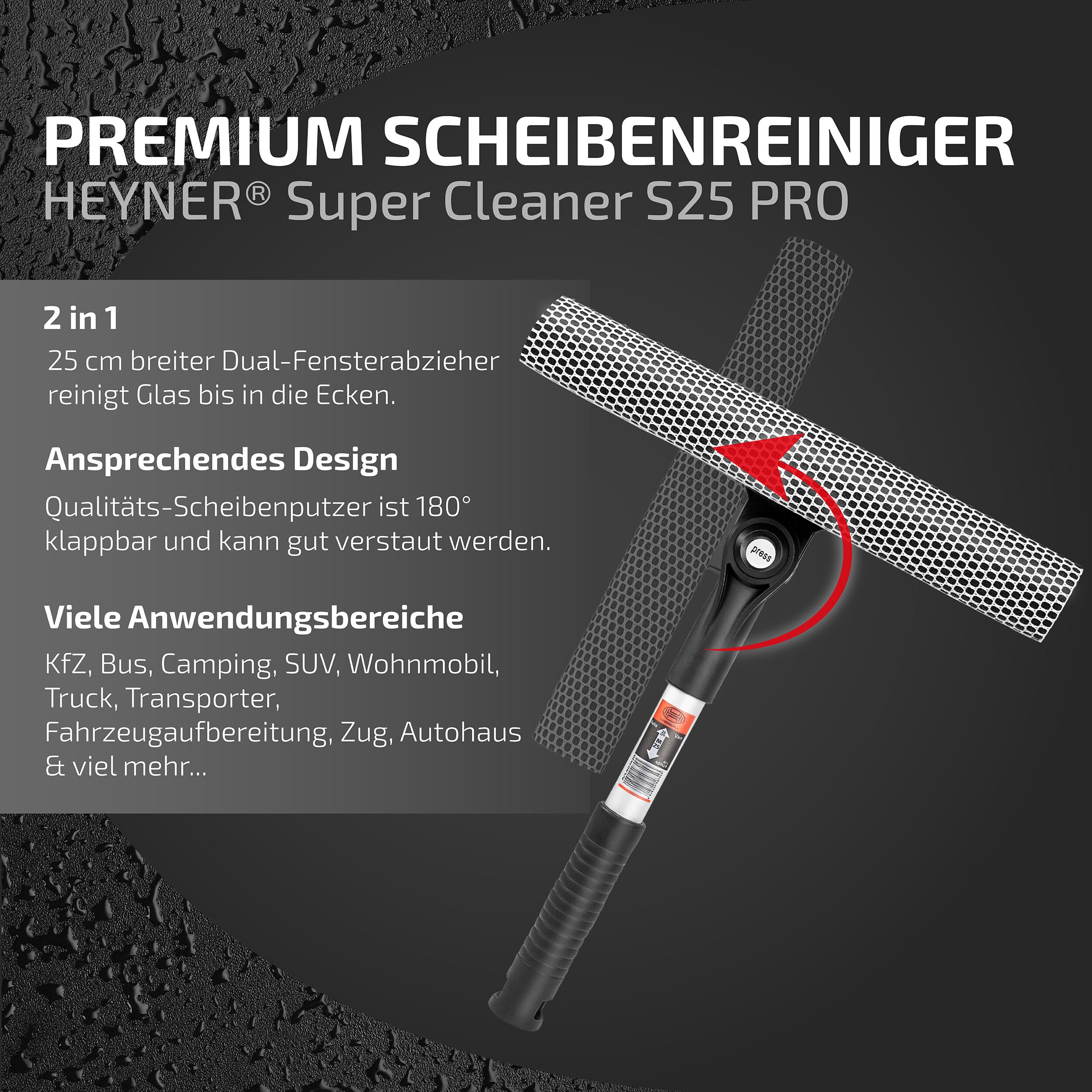 HEYNER® Nettoyeur de vitres de Voiture M25 25cm Extracteur en Aluminium & éponge Pliable Largeur 25cm Universel Véhicules de Tourisme Camionnette