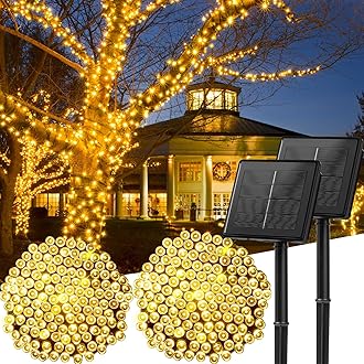 Solar String Lights Outdoor Waterproof, 2 Pack Total 144FT 400 LED Solar Powered String Light with 8 Lighting Modes, Waterproof Patio Lights, Christmas Outdoor Lights for Outside Tree, Warm White
