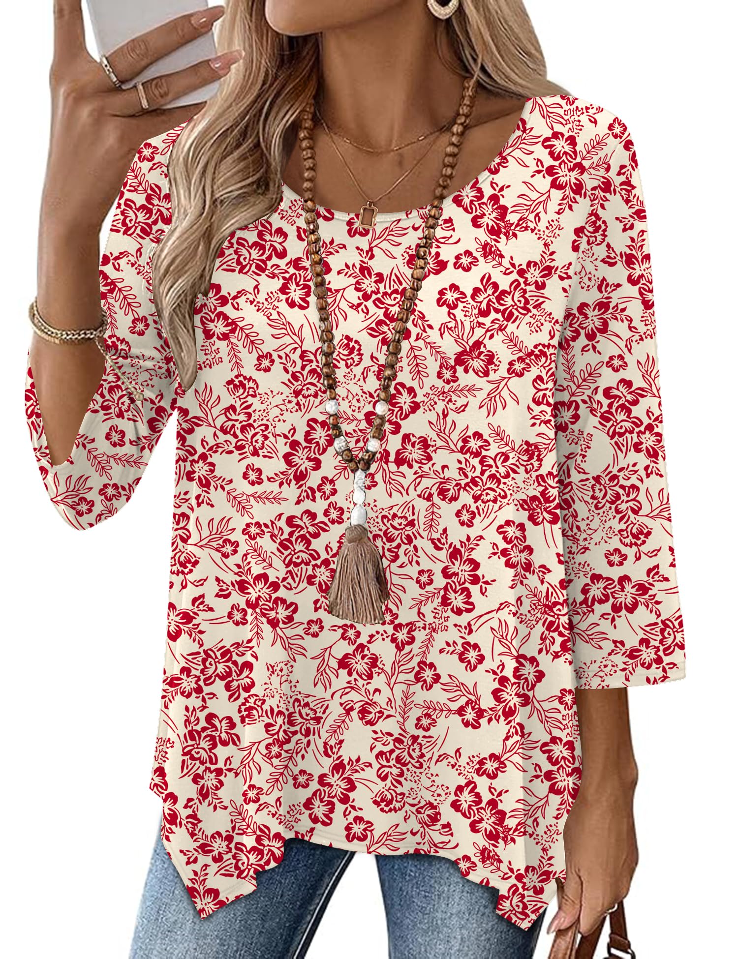 AKEWEI 3/4 Length Sleeve Womens Tunic Tops Loose Fit Blouses Dressy Casual Crew Neck Tees S-2XL Apricot Red Floral 3X-Large