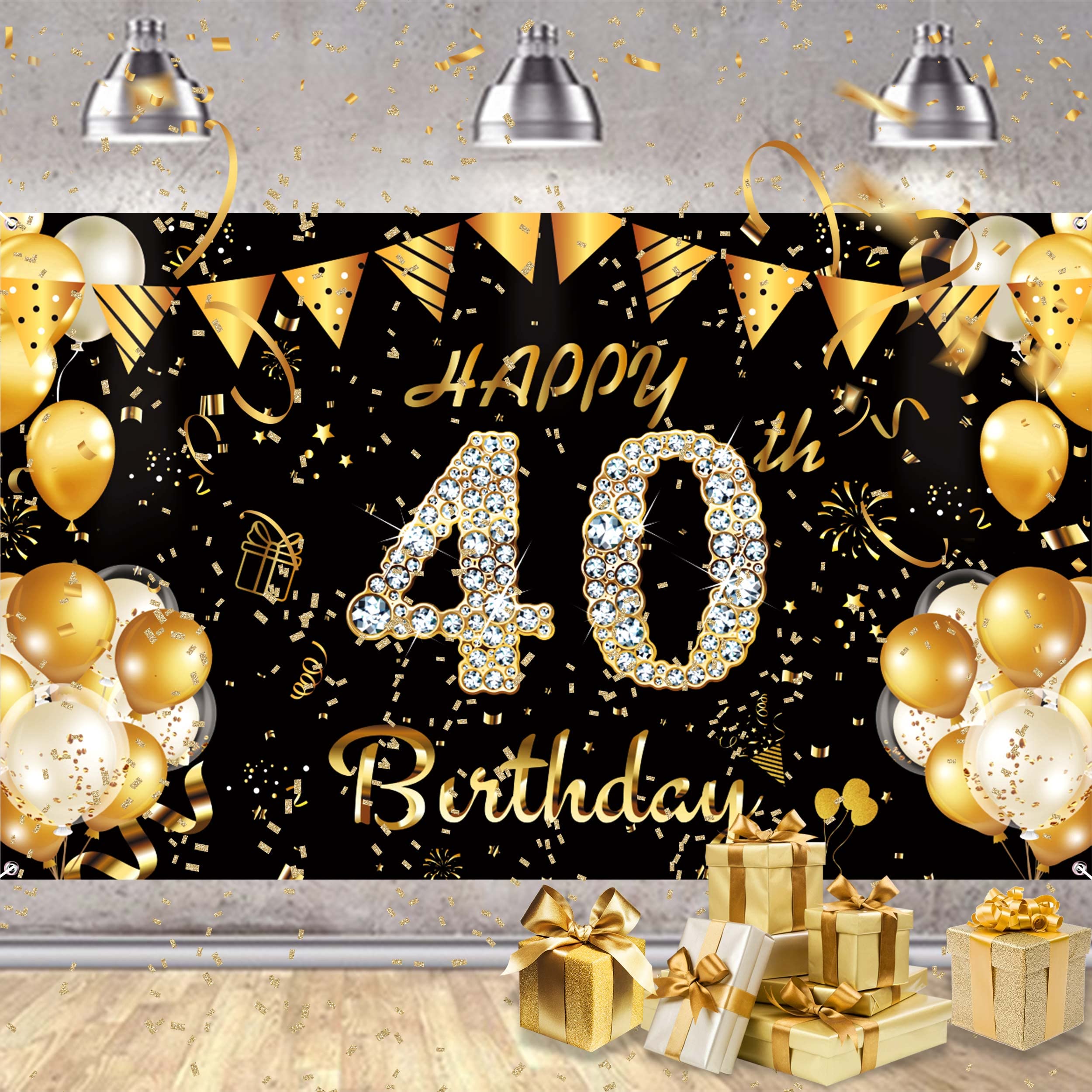 40th Birthday Backdrop Banner for Men Women, Black Gold Happy 40th Birthday Banner, 40th Birthday Yard Banner Sign, 40th Birthday Photo Booth Backdrop Decorations Party Supplies for Indoor Outdoor