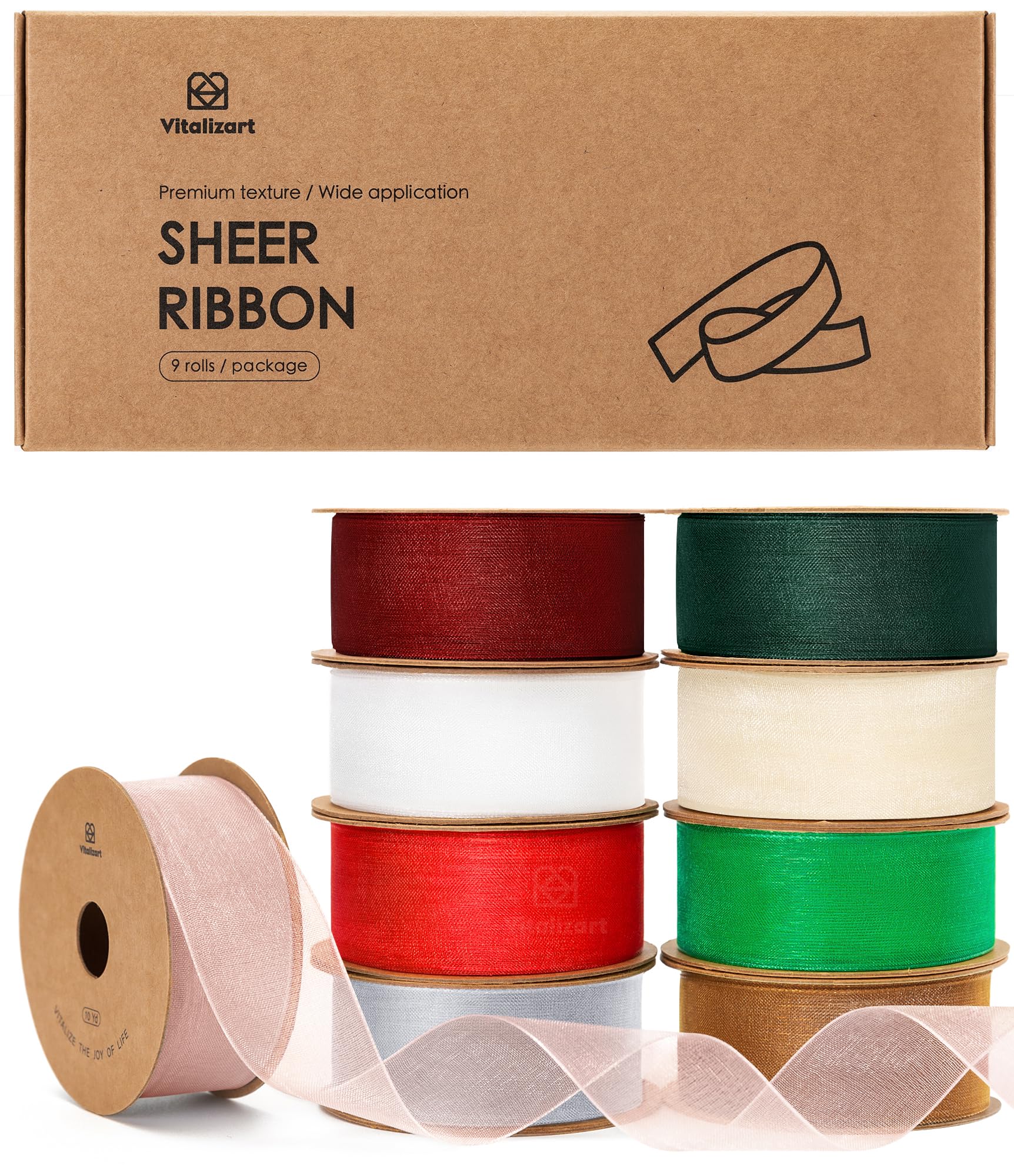 Vitalizart Organza Ribbon 1" x 90Yd Mixed Color Sheer Ribbons Set 10 Yd x 9 Rolls Handmade for Gift Wrapping Christmas Tree Crafts Bows Wedding Invitations Wreaths Wrap