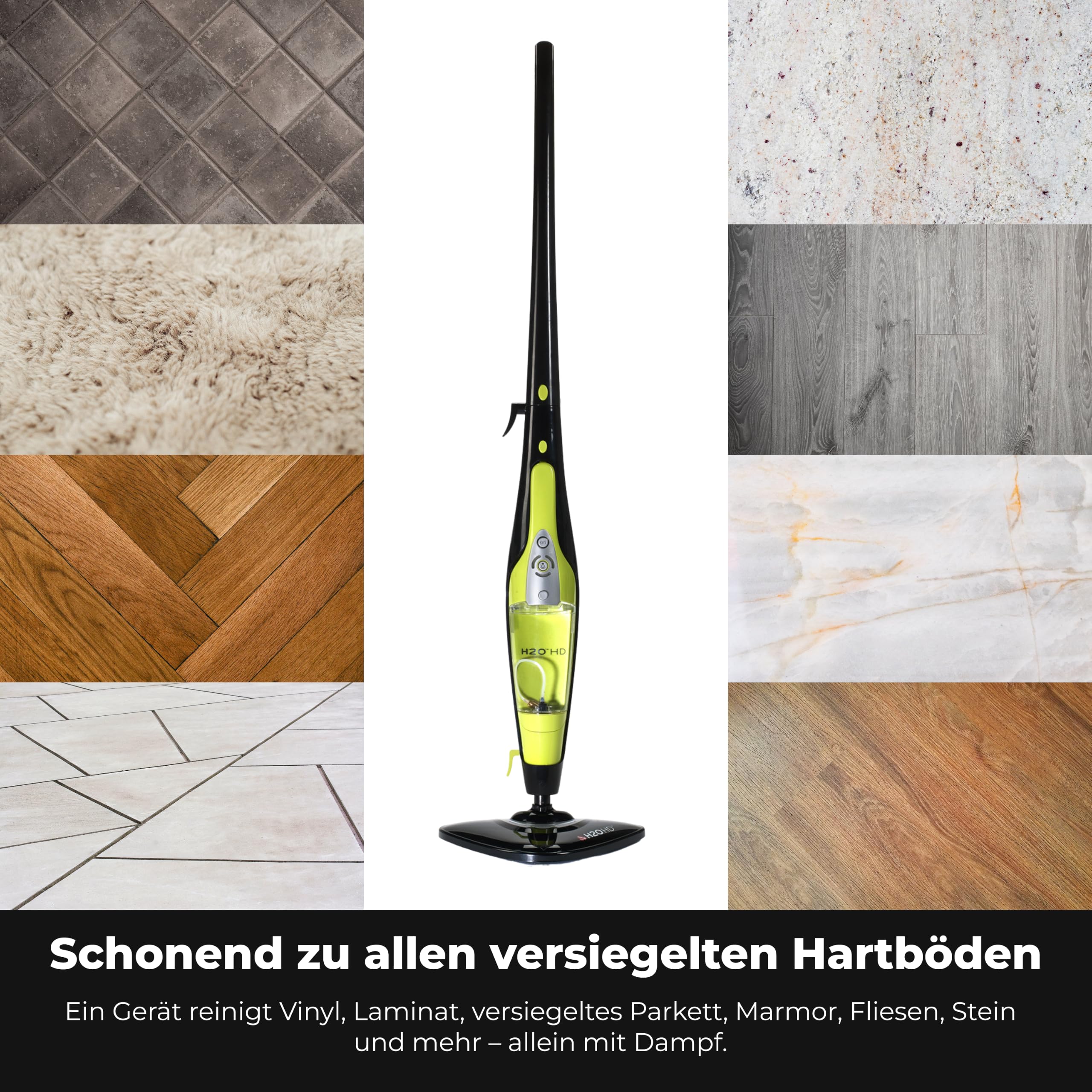 H2O HD Chemiefreier Dampfbesen & Handdampfer 1500W | Entfernt bis zu 99,9% der Bakterien, 450ml Tank, <30s Aufheizzeit, für Familien & Haustiere