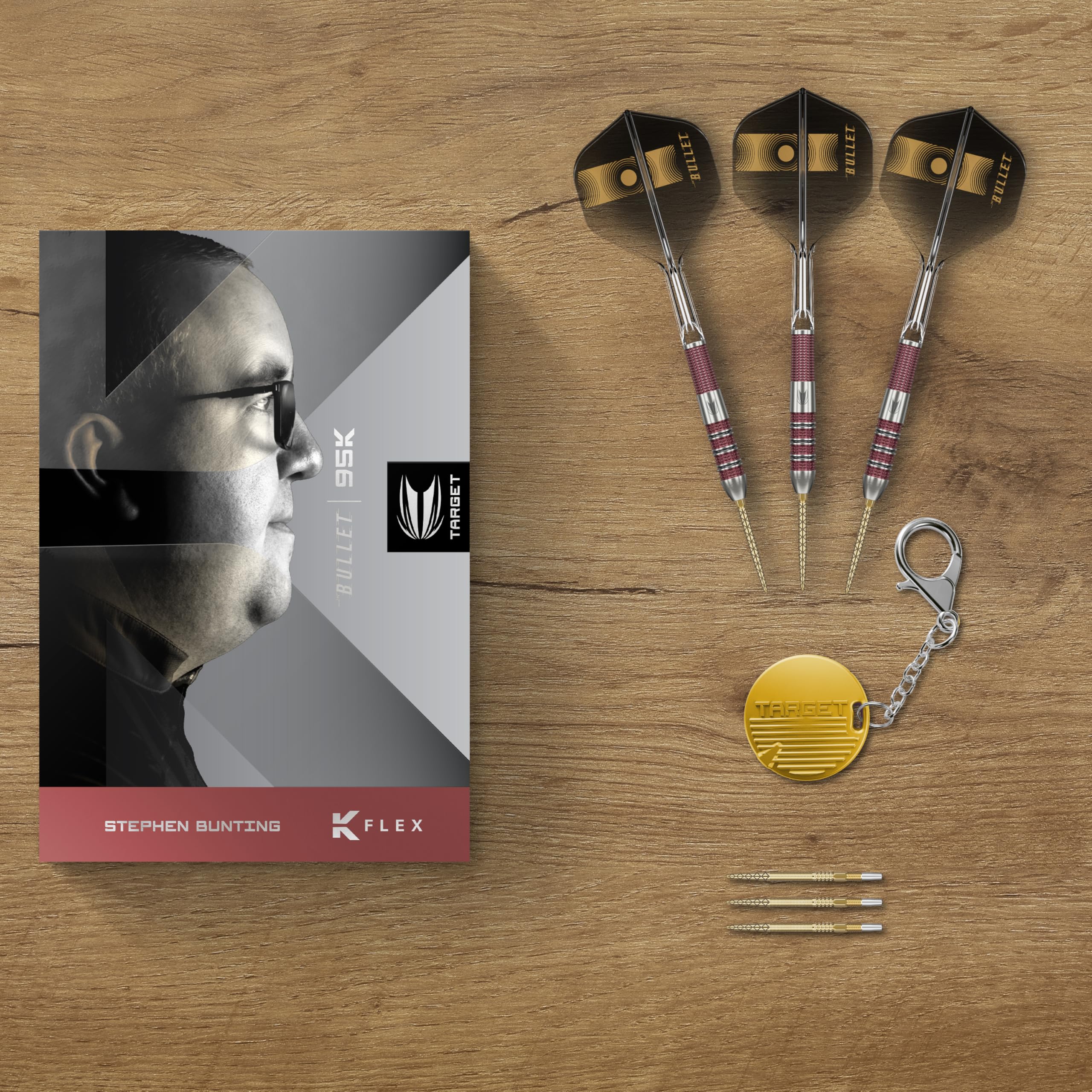 Target Darts Stephen Bunting 95K Set Dardi in Acciaio Swiss Point, 18G/22G/23G | Alette e Aste Kflex, The Bullet Player Edition Freccette al 95% di Tungsteno, Punte DX Dorate Ricambio Portachiavi