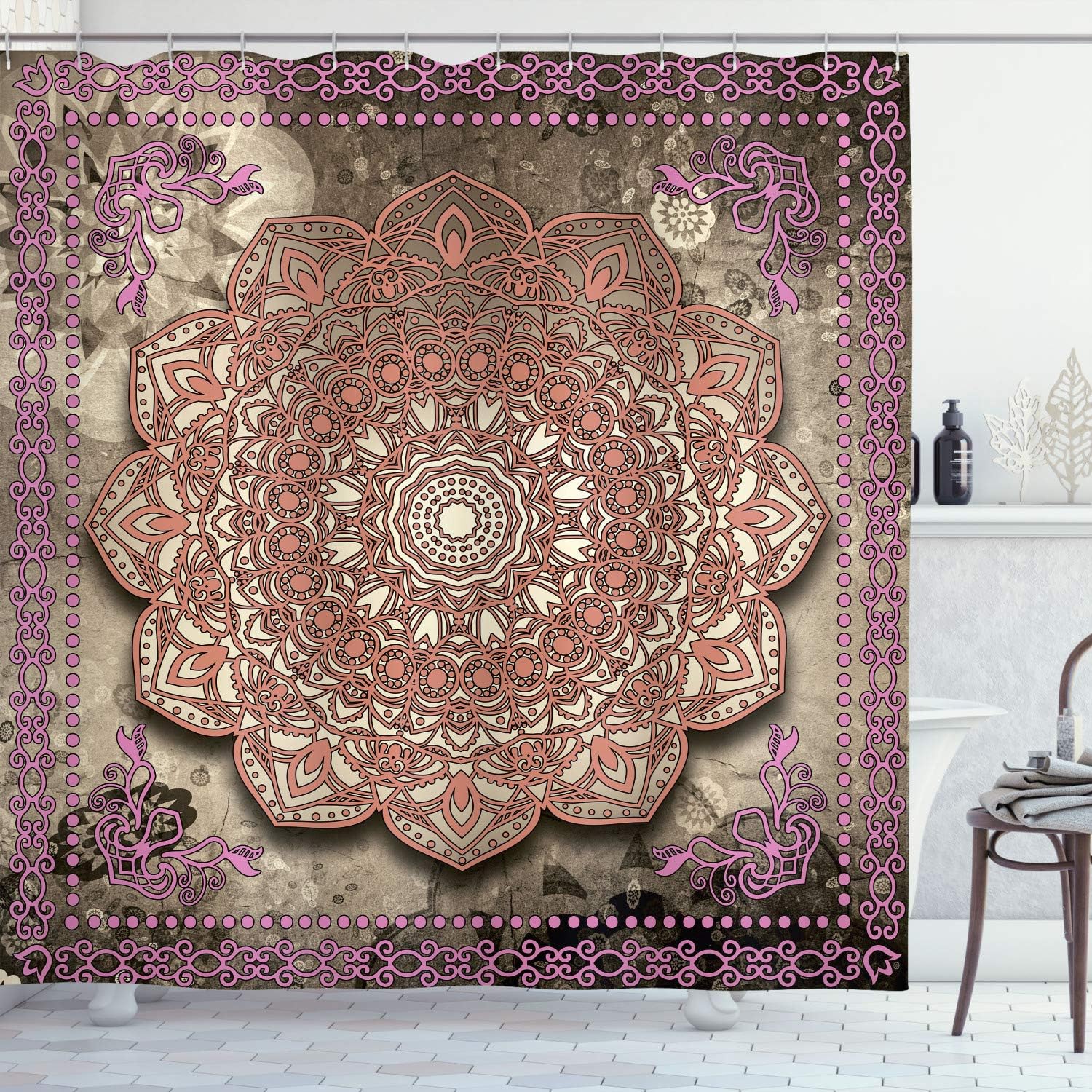 Ambesonne Ethnic Shower Curtain, Mystic Mandala Culture Chakra Karma Calmness and Harmony Boho Design, Cloth Fabric Bathroom Decor Set with Hooks, 70" Long, Pale Camel