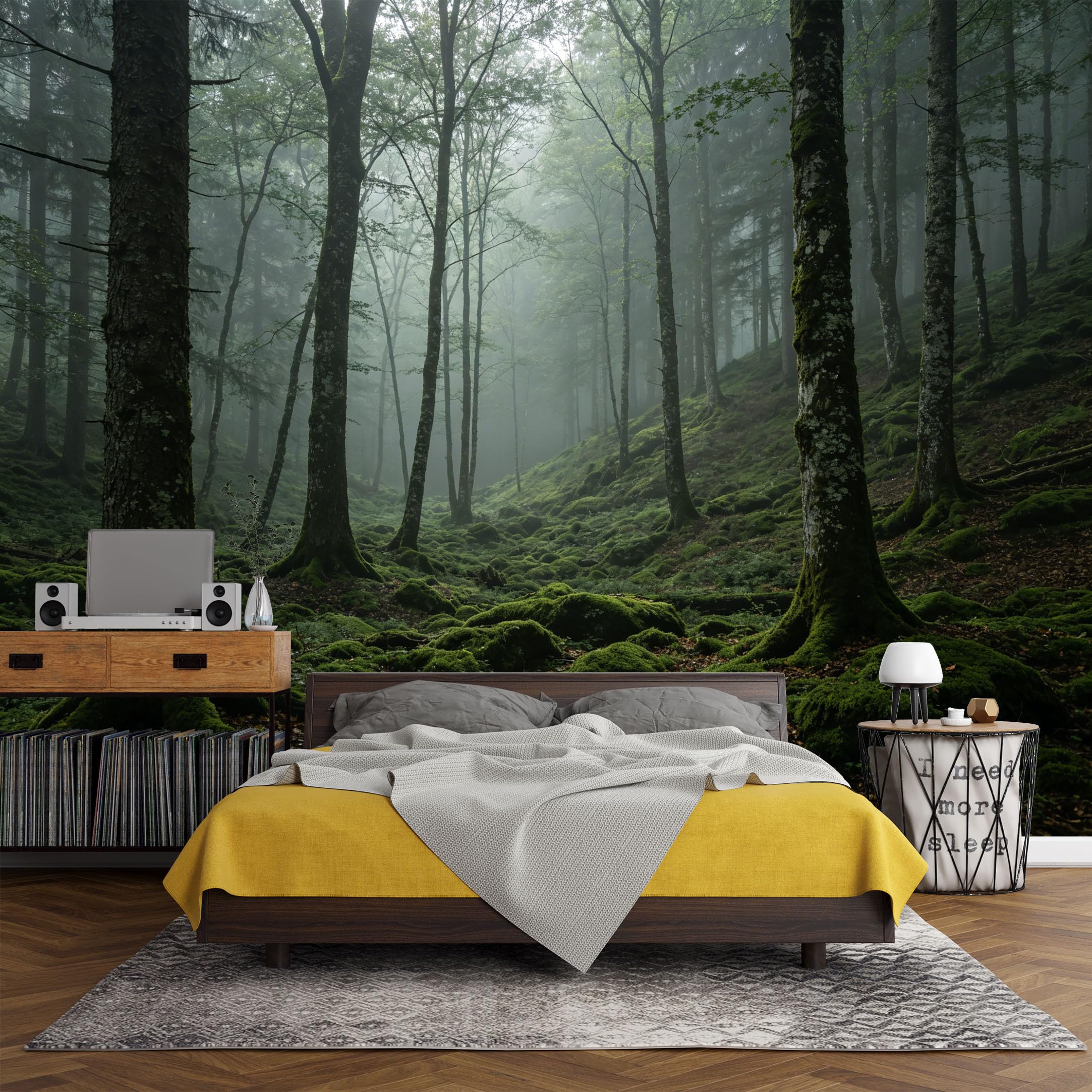 Custom Size Wall Mural， Misty Forest Green Moss Landscape Woodland Nature Scene，SelfAdhesive Art Prints wall Fabric (No PVC) Removable Wallpaper Living Room Decor