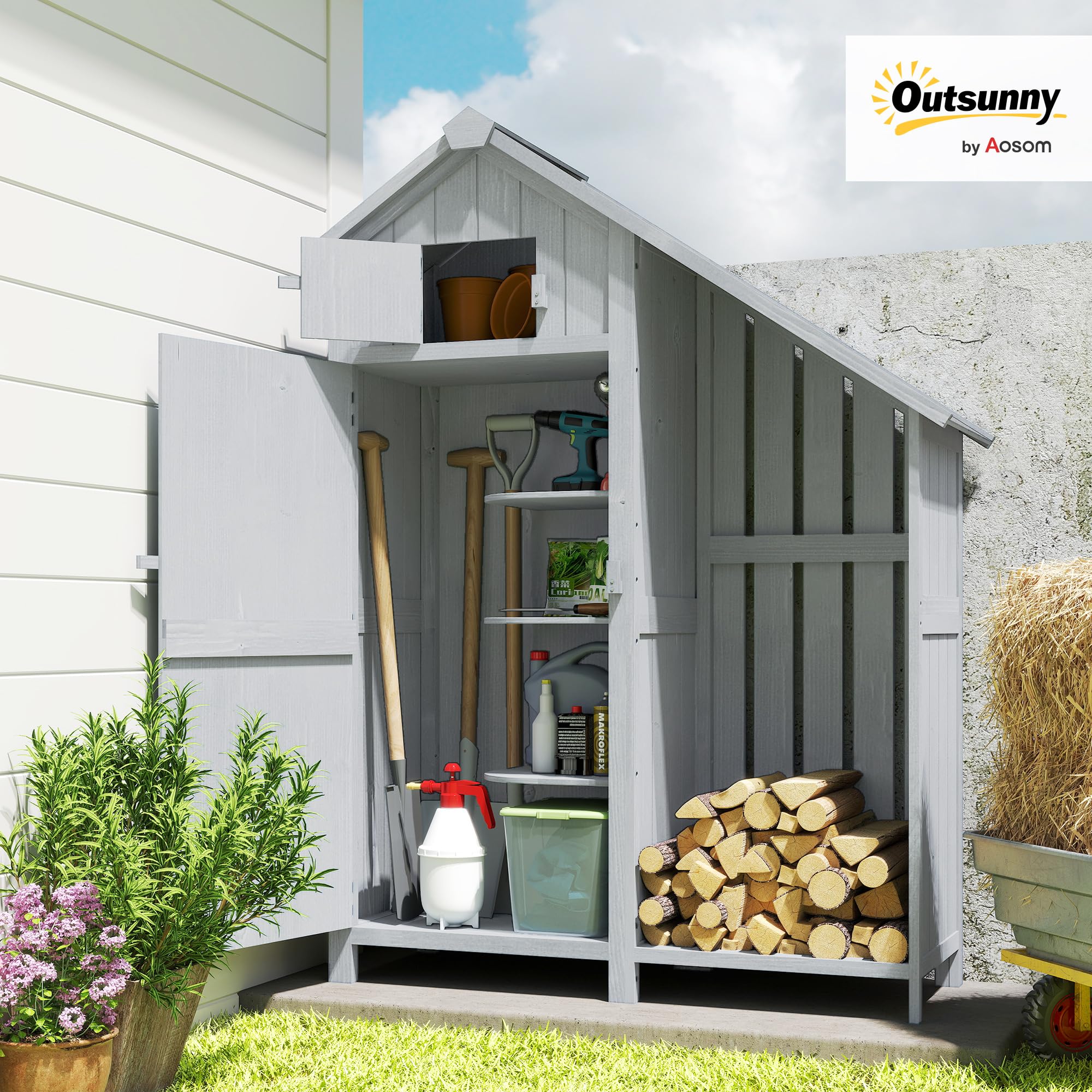 Outsunny Armoire de jardin en bois d'extérieur - Résistant aux intempéries - Avec toit en asphalte - Étagère - Armoire de rangement polyvalente pour jardin, terrasse - 129 x 51,5 x 180 cm - Gris