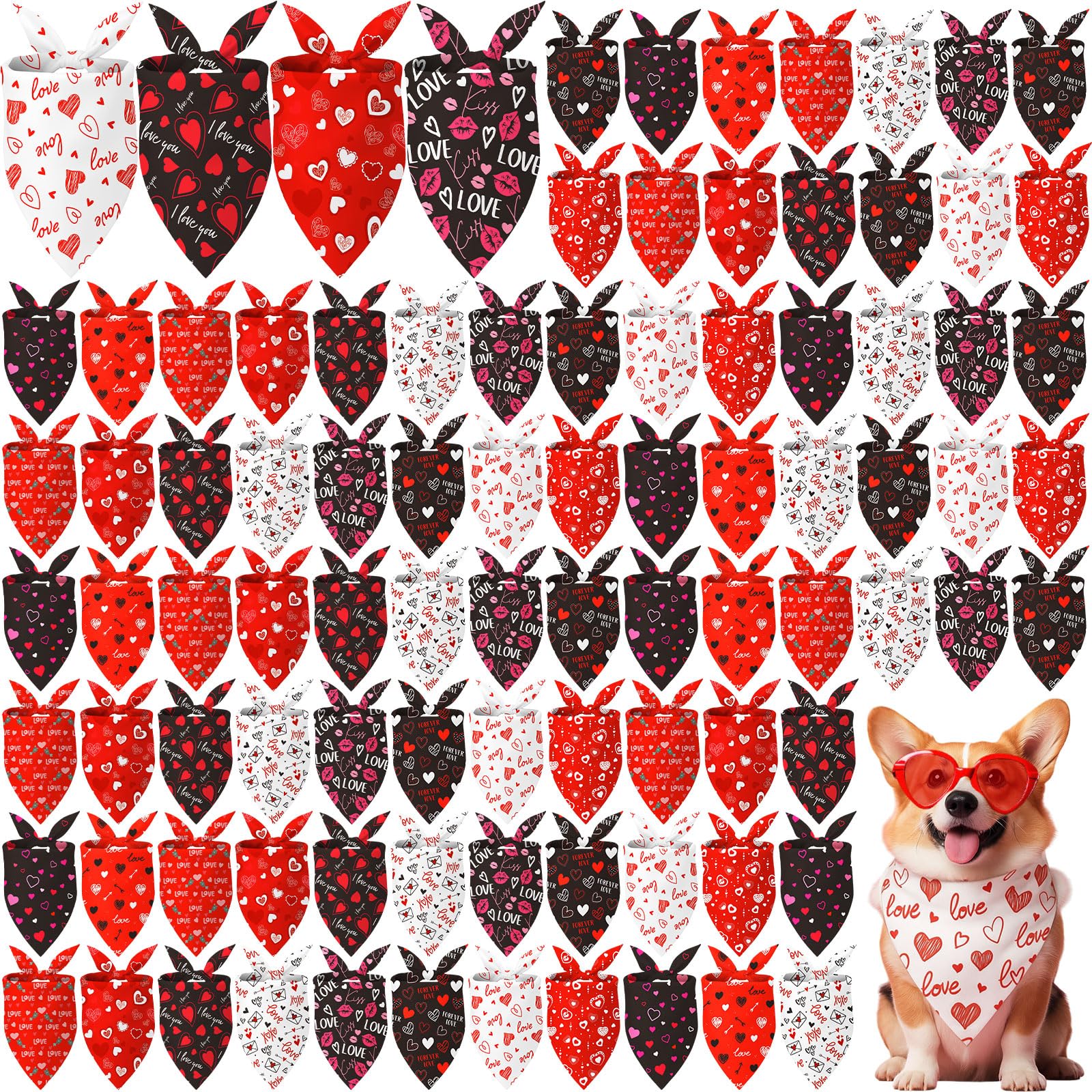 Shyyween Lot de 100 bandanas souples réglables pour la Saint-Valentin pour chiens de petite, moyenne et grande taille (65,6 x 45 x 45 cm)