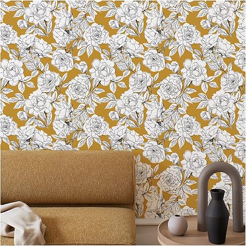 Miniatura 2 de HAOKHOME 93171-2 Papel pintado floral dibujado despegar y pegar, extraíble, barra doradanegroblanco, vinilo autoadhesivo mural 17.7 x 118 pulgadas
