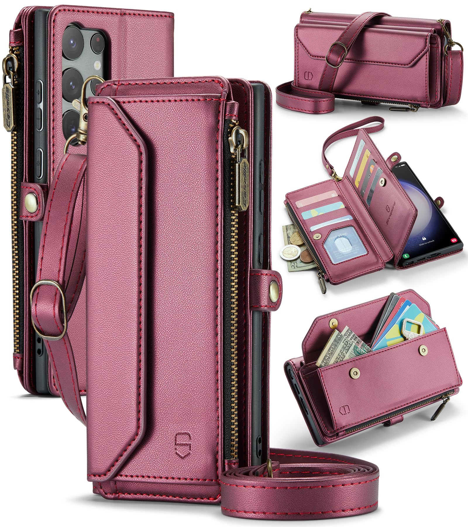 Crossbody for Samsung Galaxy S23 Ultra Case Wallet?RFID Blocking? with 10-Card Holder Zipper Bills Slot, PU Leather Magnetic Shoulder Strap for Galaxy S23 Ultra 5G Phone Case Women,WineRed