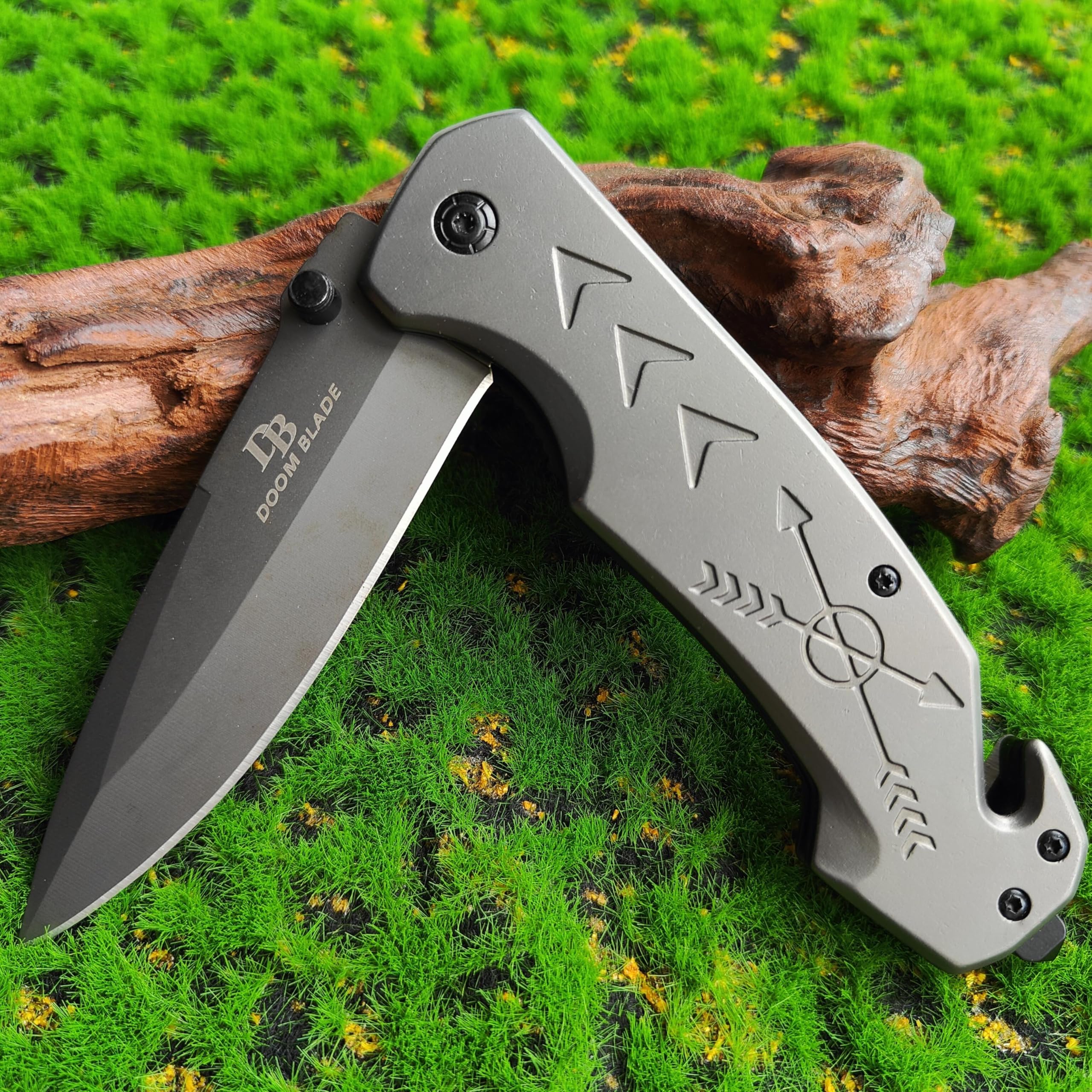 DOOM BLADE Carbon Steel Pocket Folding Knife with Sheath,EDC Knife with Pocket Clip,Glass Breaker & Seatbelt Cutter,for Outdoor, Hunting,Camping (B)