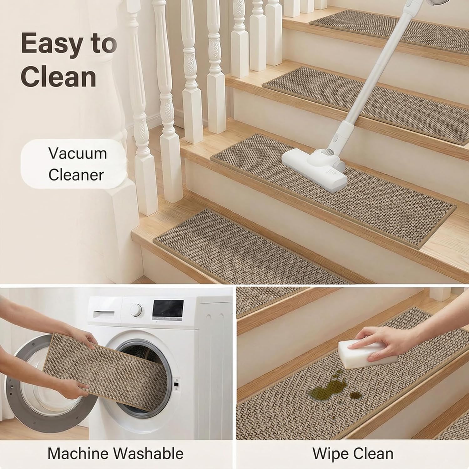 Stair Treads for Wooden Steps Indoor 9" X 30",15Pack Adhesive Treads Stair Non-Slip Linen Carpet Stair Treads Peel and Stick Stair Runner Rugs for Kids Elders and Pet,Beige