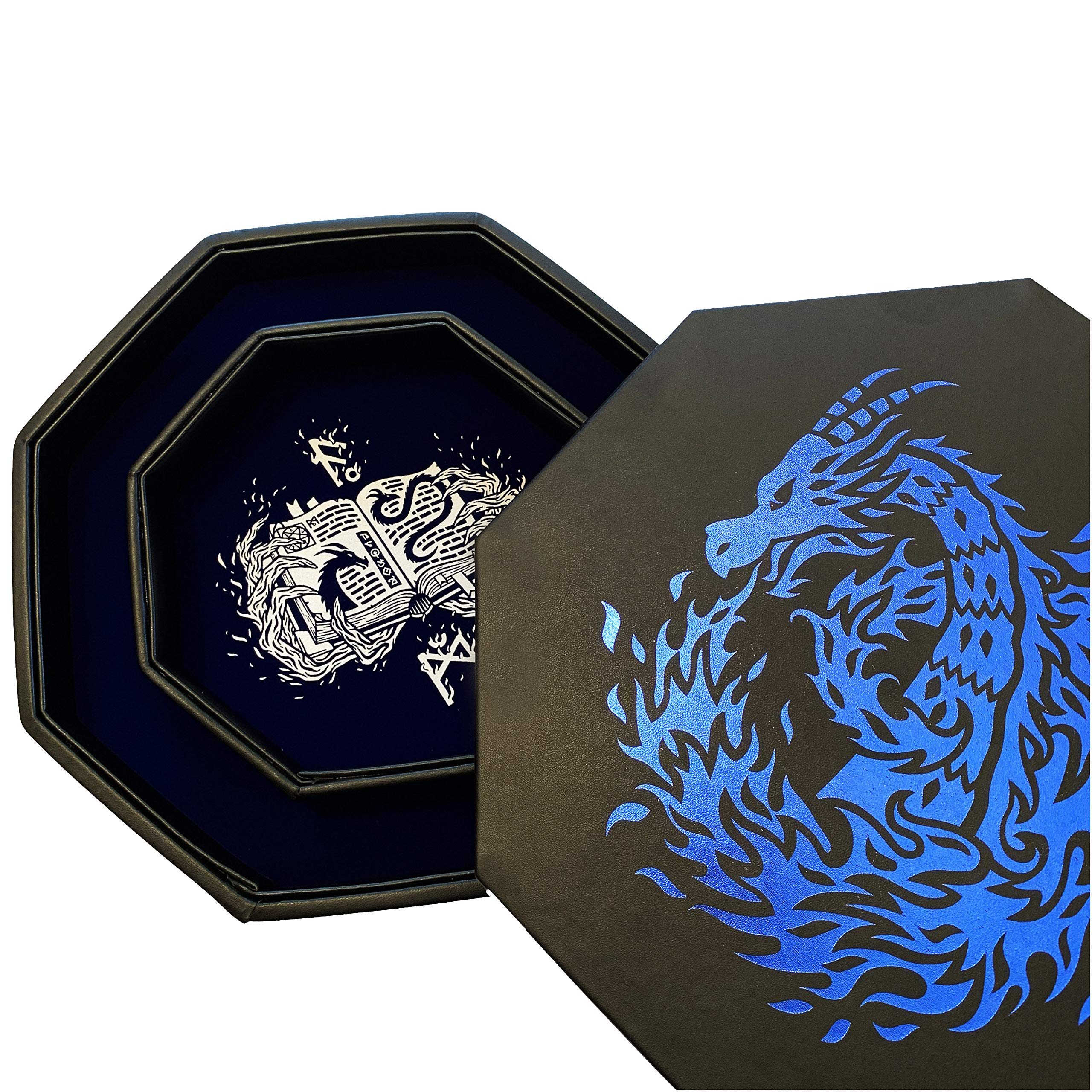 Fantasydice Blue Wizard - Fire Dragon - Dice Tray - 20Cm Octagon With Lid And Dice Staging Area- Holds 5 Sets Of Dice(7 / Standard) For All Tabletop Rpgs Like D&D, Call Of Cthulhu, Shadowrun. (Blue Wizard)