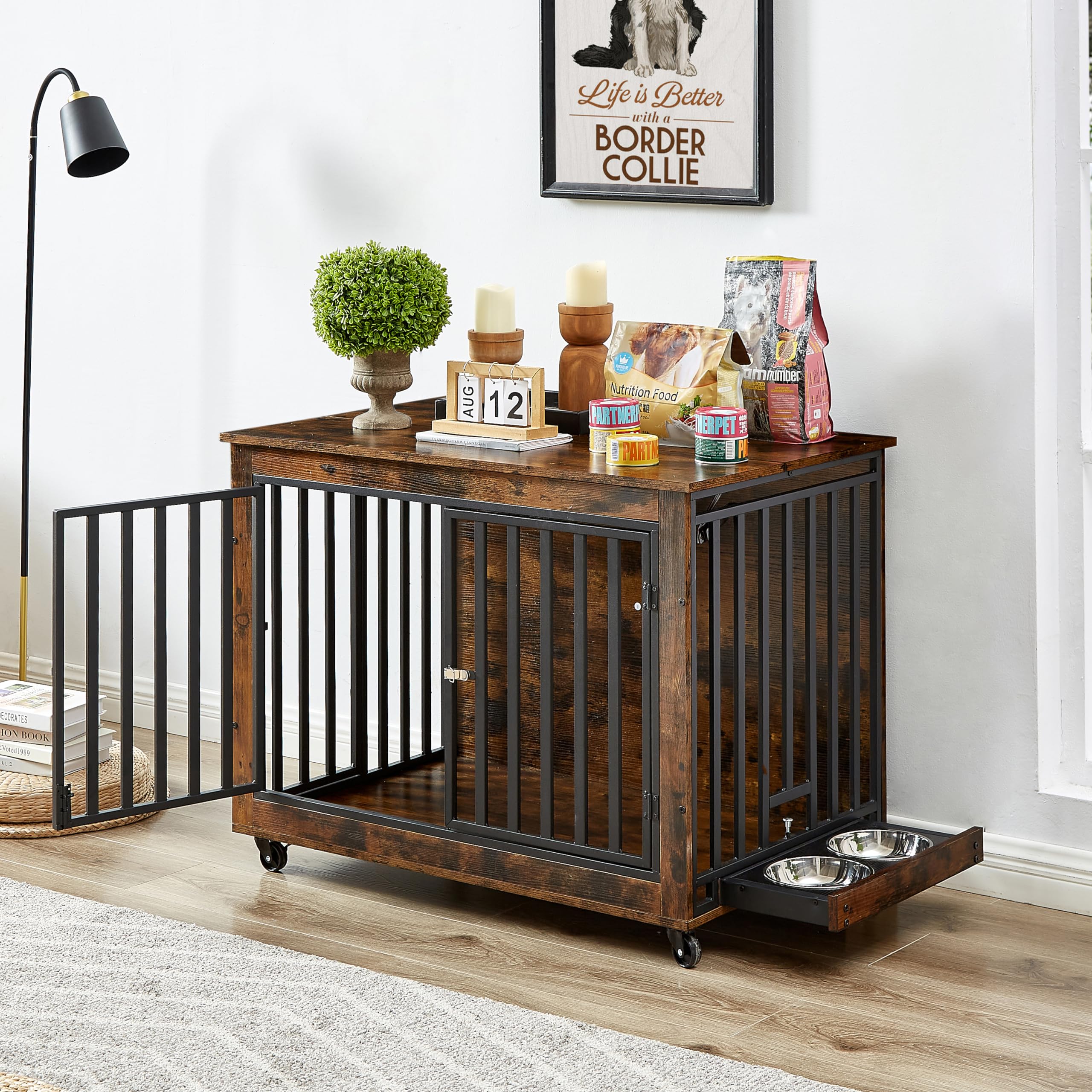 GOWE Furniture Style Dog Crate Side Table with Feeding Bowl, Wheels, Three Doors, Flip-Up Top Opening. Indoor, Rustic Brown, 38.58
