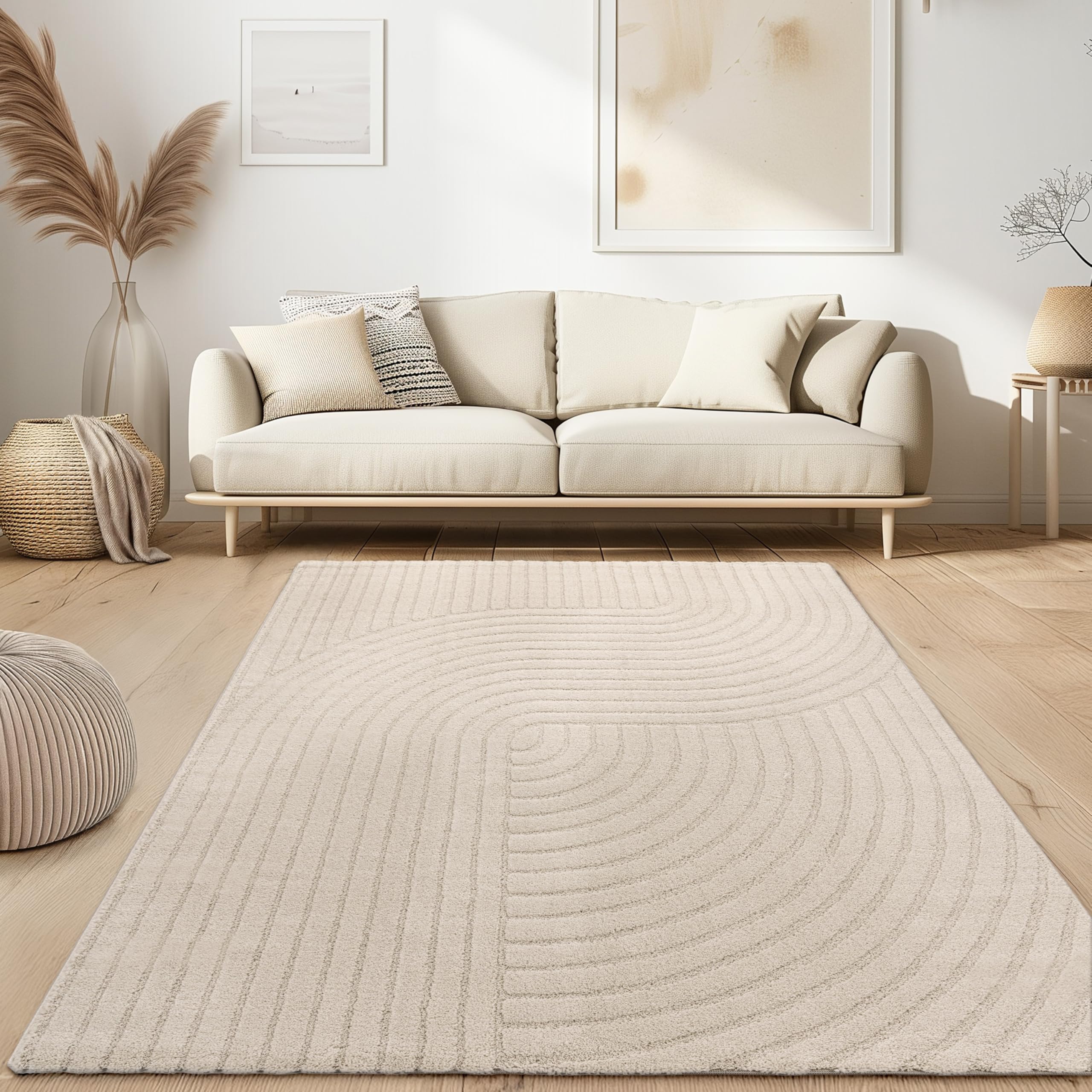 Paco Home Moderna Alfombra de Sala de Pelo Corto, Estilo escandinavo Japandi Panglao, Monocolor, Efecto Alto-bajo Motivo Abstracto Efecto 3D Pelo Suave Crema, tamaño:80x150 cm