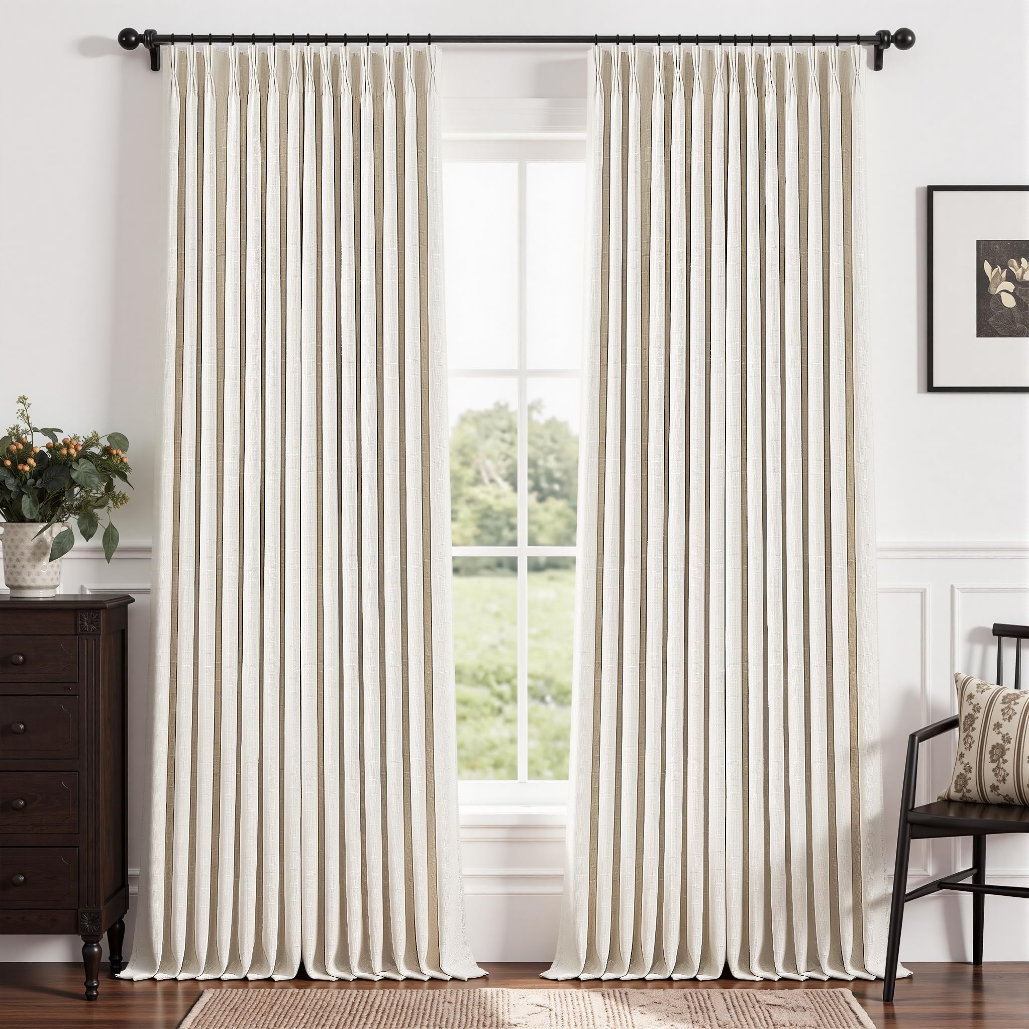 105 Inch Beige White Triple Pleated Blackout Living Room Curtains 2 Panels