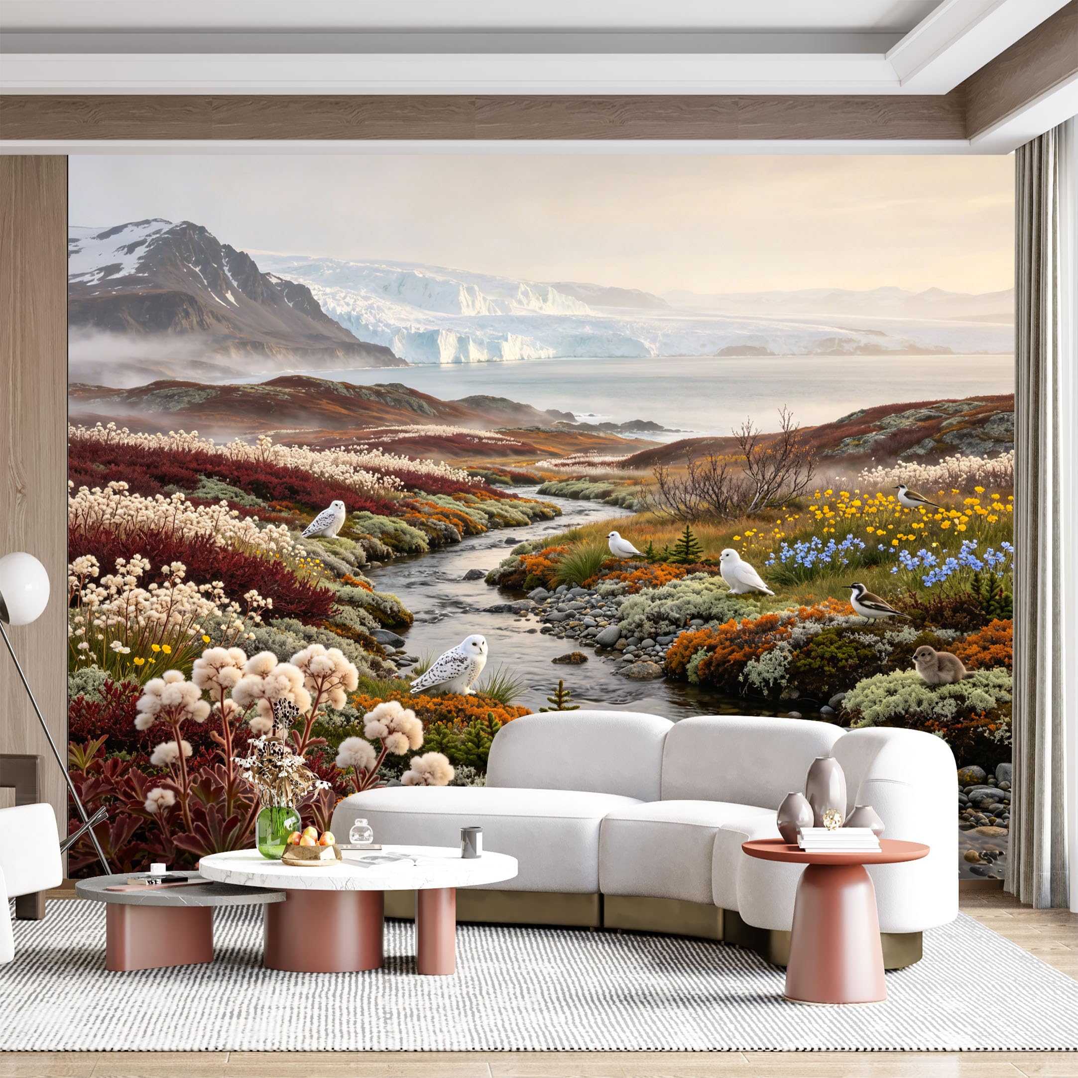 Custom Size Wall Mural Snowy Mountain Landscape Winter River Birds Arctic Wildlife Watercolor SelfAdhesive Wall Fabric Removable for Home Office Decor