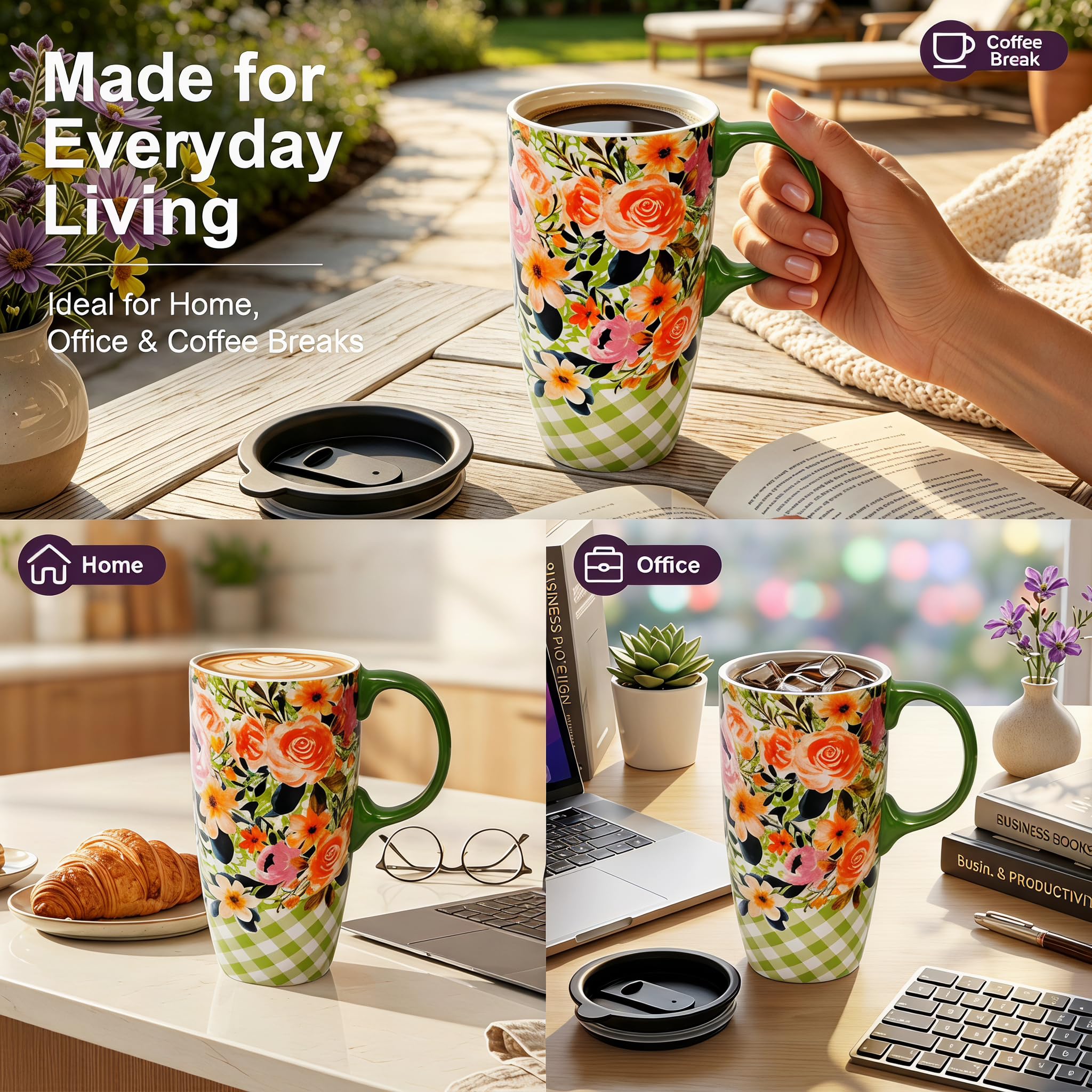 DUSVALLY Taza de café de cerámica para oficina y hogar, pintada única con taza, taza de flores, tazas grandes de 17 onzas, verde