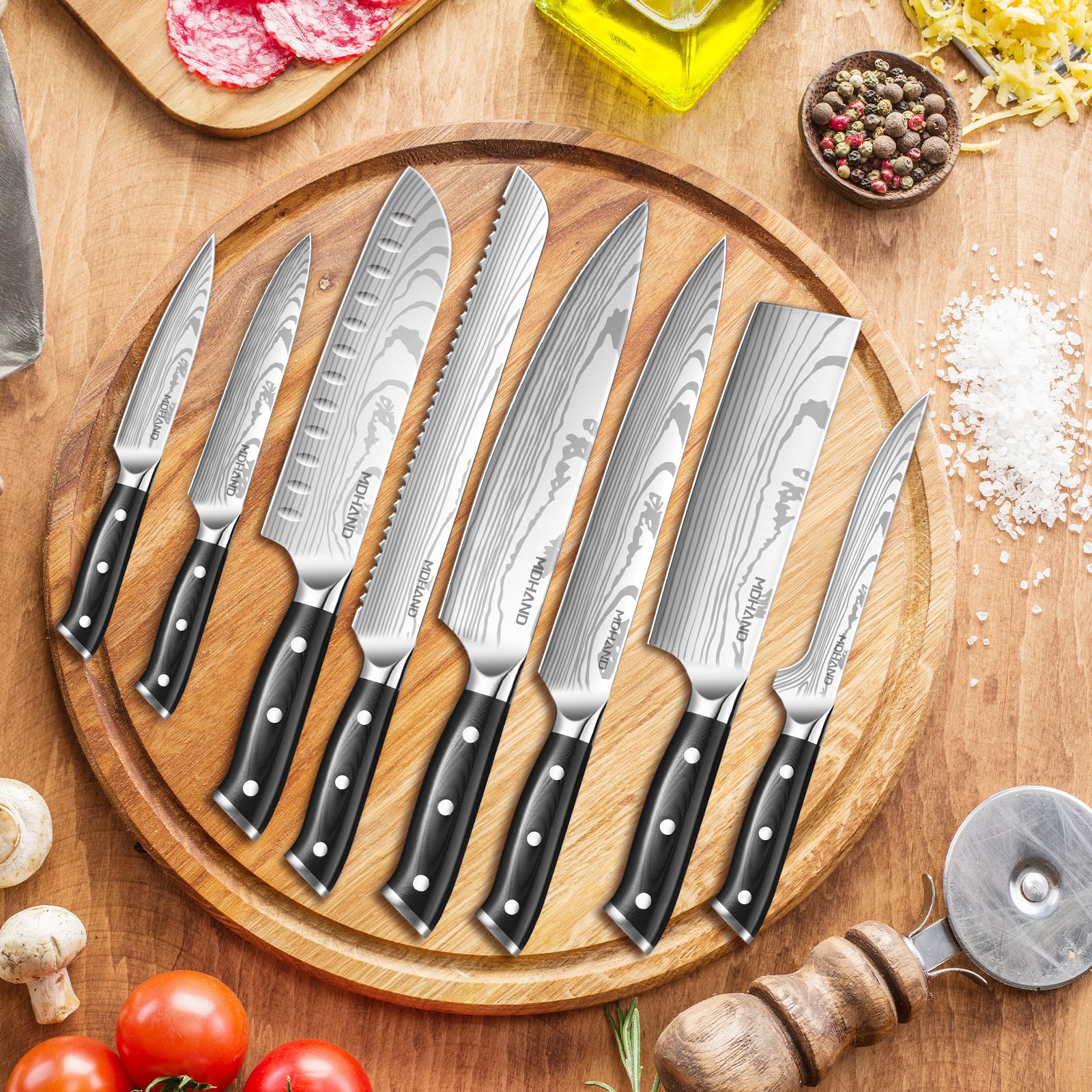 MDHAND Küchenmesser Set，8-teiliges professionelles Messerset mit Rolltasche, Extrem Scharf Profi Kochmesser Set mit Ergonomischen Pakkaholz Griffen für Haus und Restaurant