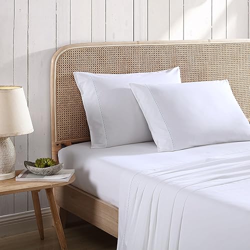 Tommy Bahama - Juego de sábanas tamaño Queen, juego de ropa de cama bordado de algodón sólido, decoración del hogar de diseño (blanco turquesa,