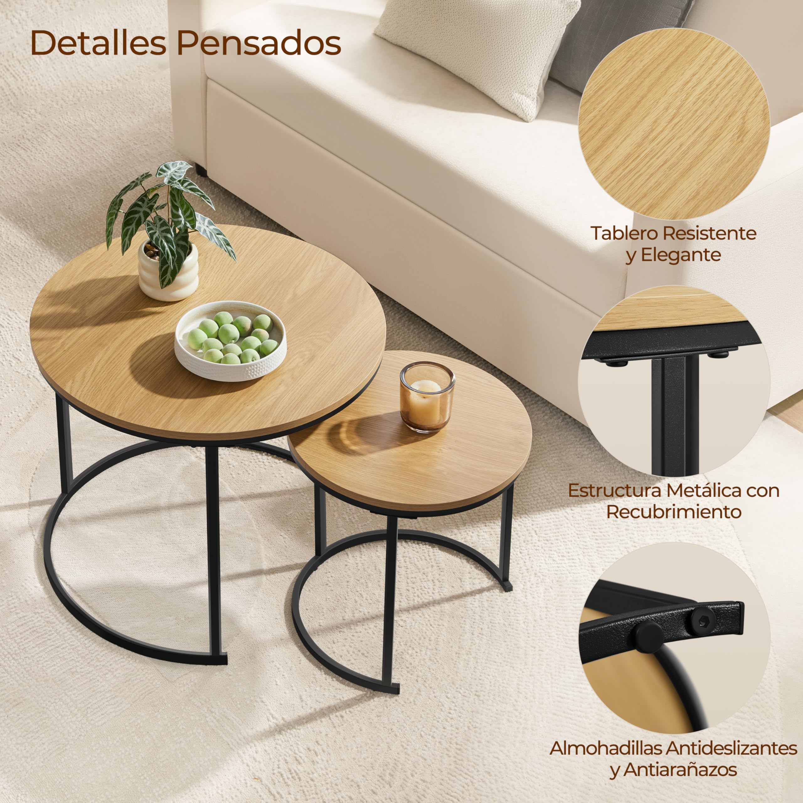 Yaheetech Juego de 2 Mesa de Centro Redonda Anidable con Patas de Metal Set 2 Mesa de Centro Nido Maderna de Café Rustica para Salón Mesa Auxiliar 60x60x50,5cm Roble Claro