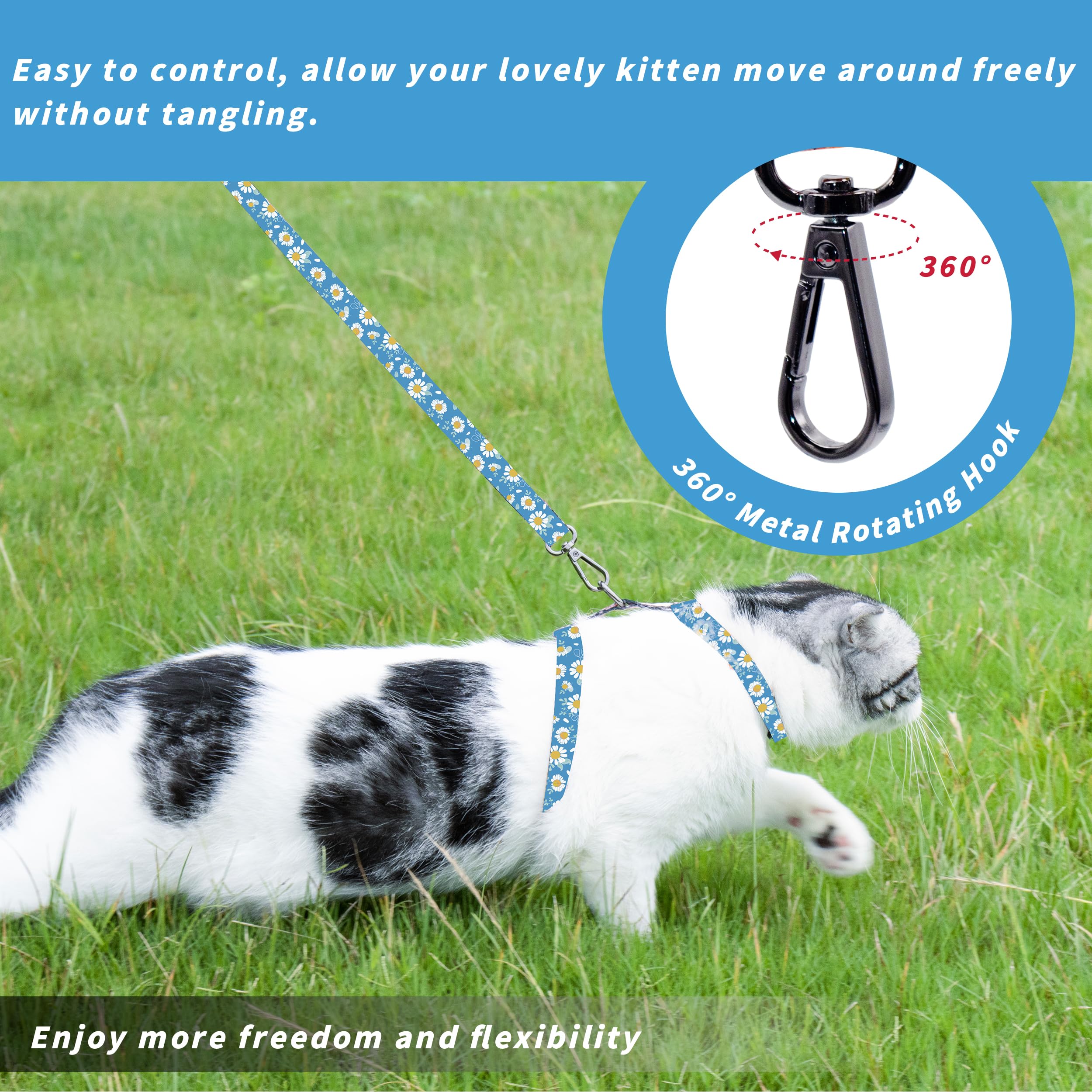 Seyezo Ensemble Harnais et Laisse pour Chat, Harnais réglable Anti-Fugue pour Chats, Harnais Doux et léger pour la Promenade et Les Voyages pour Chats de Petite et Moyenne Taille, Marguerite Bleue