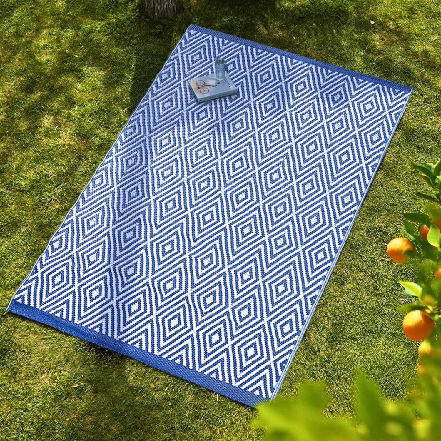 Garden Mile Multiple Large Al Fresco Outdoor Rug Portable Anti-Slip Uv-Resistant Weatherproof Indoor Outdoor Area Rugs For Garden, Patio, Deck, Picnic, Beach 150Cm X 210Cm (Blue Adana - 150Cm X 210Cm)