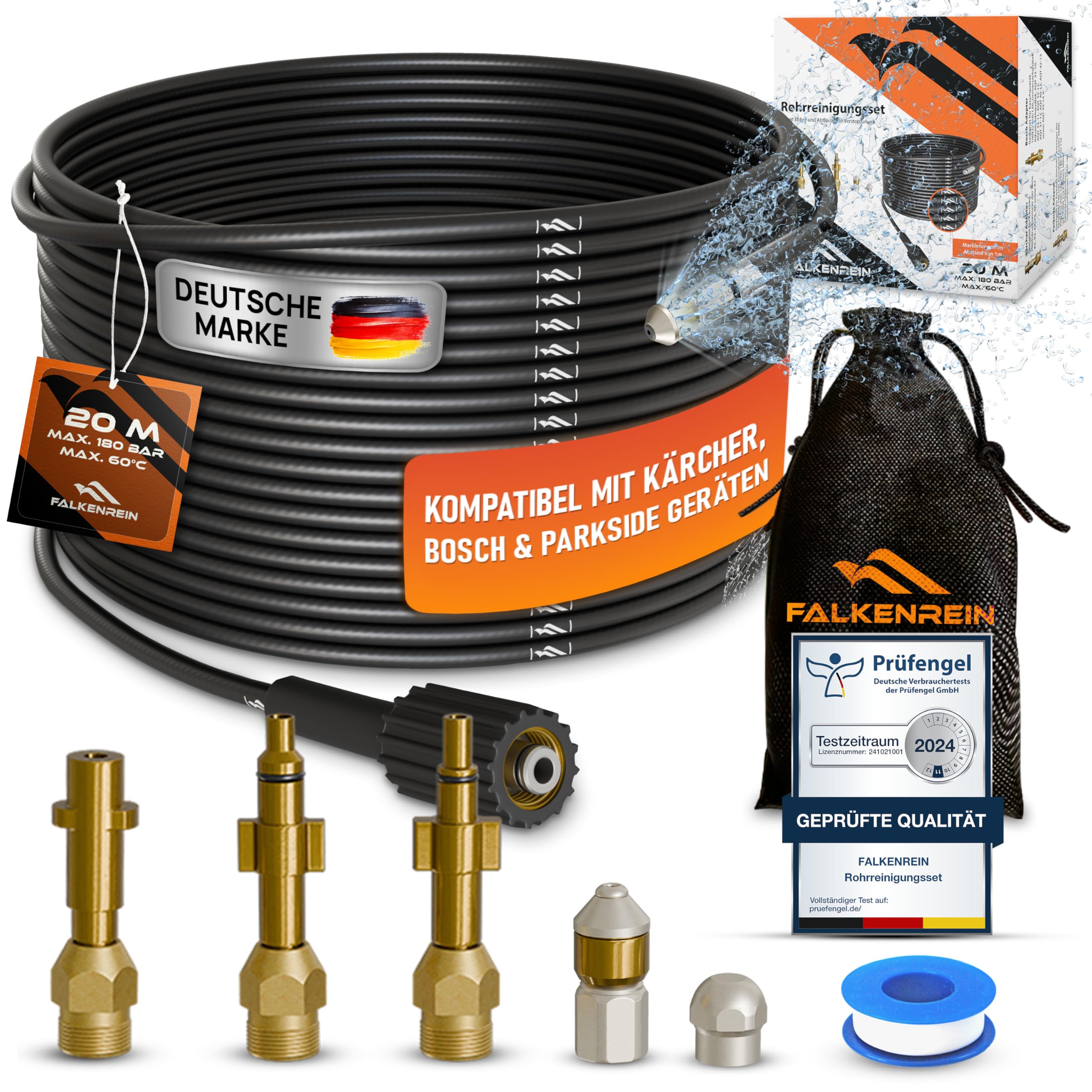 Premium-Rohrreinigungsset - Rohrreinigungsschlauch 20m | Kompatibel mit Kärcher, Parkside und Bosch Hochdruckreiniger | Reinigt verstopfte Rohre und Abflüsse mühelos