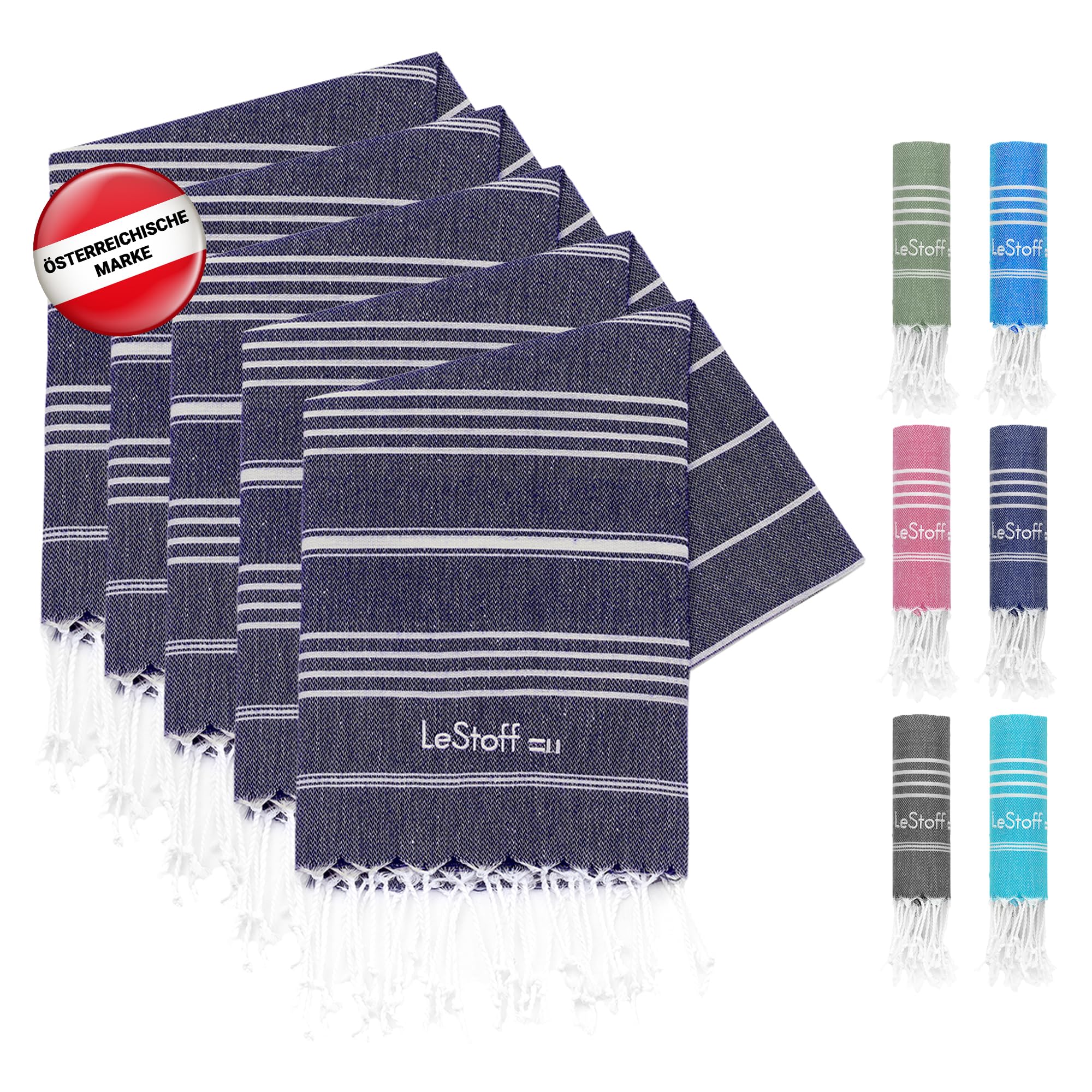 LeStoff 5er-Set Hamamtuch 50 x 100 cm – 100% Bio-Baumwolle, Vorgewaschen, Nachhaltig, Leicht, Kompakt, Saugstark & Schnelltrocknend - Handtuchset für Bad, Gäste, Gesicht, Sport, Reise, Camping (Navy)