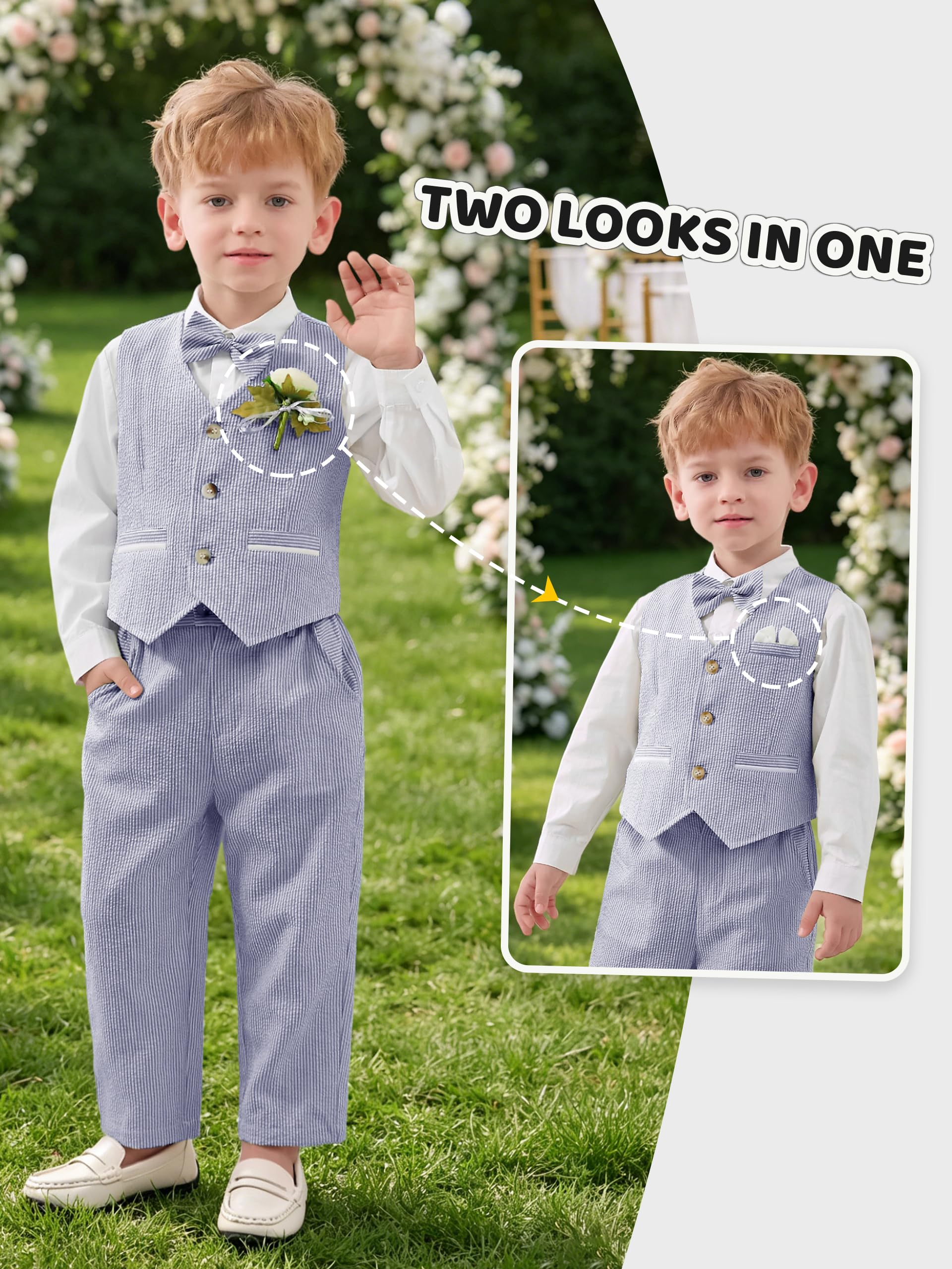Volunboy Conjunto de Ceremonia para Niños Bebé, Traje de Boda 5 Piezas con Chaleco + Camisa + Pantalón + Fiorecillo + Pajarita