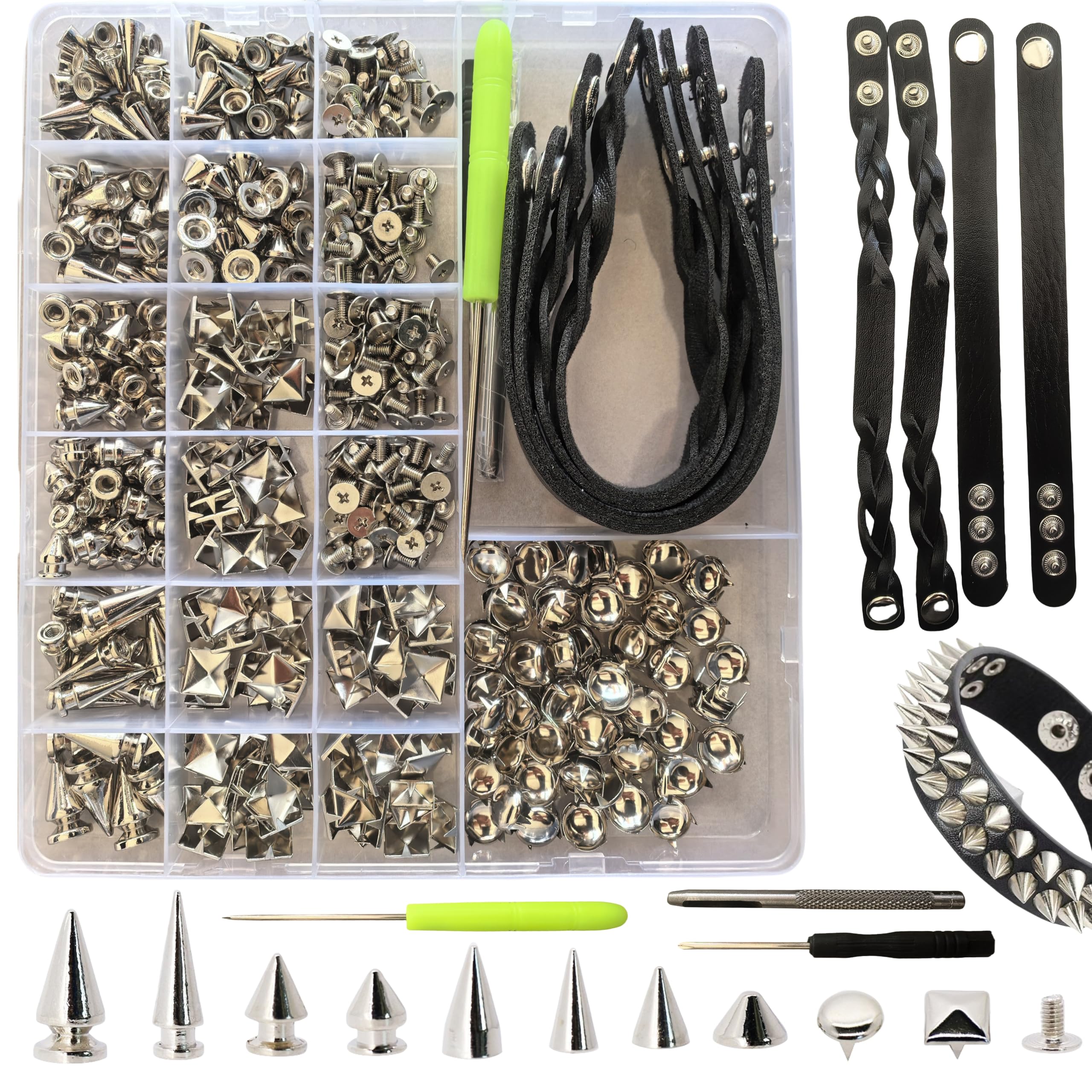 Uliche 559 Pcs Punk Studs and Spikes Kit，8 Sizes Cone Spikes,Square Pyramid&Circular Rivet,Metal Tree Spikes Studs for Clothing and Leathercraft