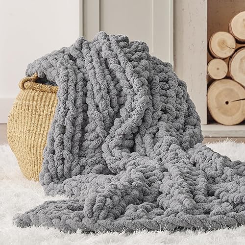 Bedsure Chunky Knit Throw Blanket for Couch - 100% Hand Knitted, 5.06 lbs GentleSoft Blanket with Giant Chenille Yarn for Bed Living Room Home Decor, Thick and Cozy, Grey, 50x60 Inches