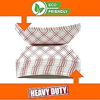 Vista 3 de Bandejas de papel para alimentos, papel a cuadros rojo y blanco. Mediano (2 libras). Paquete de 50 botes desechables y reciclables. Para