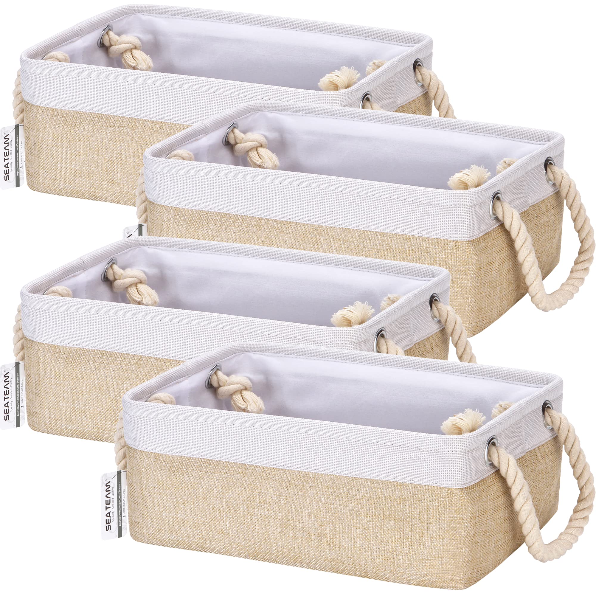 Sea Team Cesta de almacenamiento de tela de lona pequeña, paquete de 4, con asas de cuerda de algodón, papelera de capacidad de 7,8 l para artículos de tocador, organizador de artículos, caqui