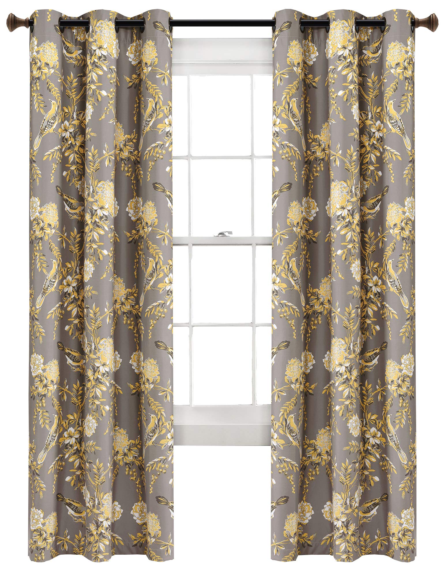 Lush Decor Farmhouse Bird and Flower Insulated Grommet Blackout Window Curtain Panel Pair, 84" x 38", Gray and Yellow