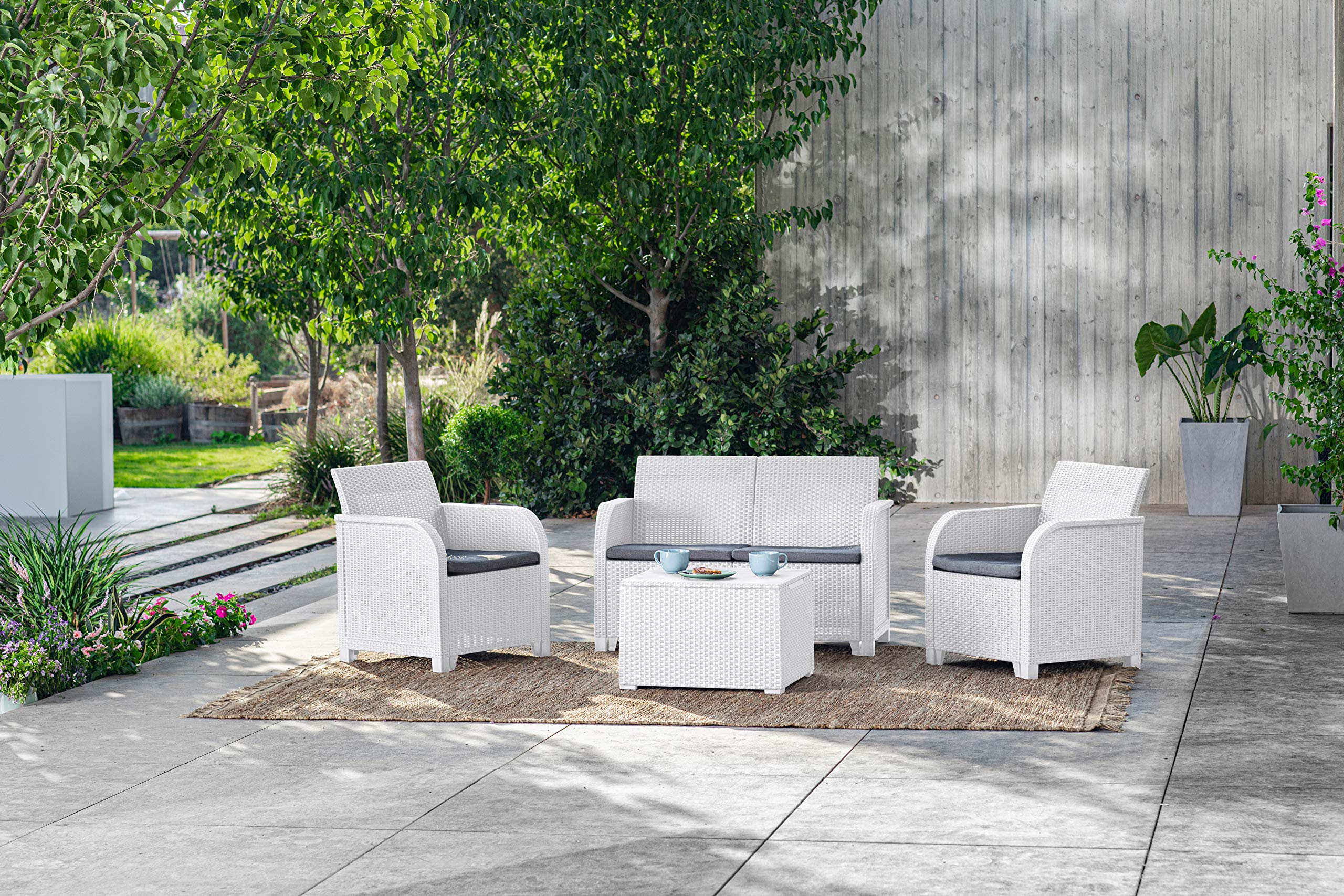 Keter Rosalie Lounge - Juego de Muebles con Cojines - Sillones de 65 x 63 x 74 (alt.) cm - Sofá de 113 x 65 x 74 cm de Altura - Mesa contenedora 60 x 55 x 39