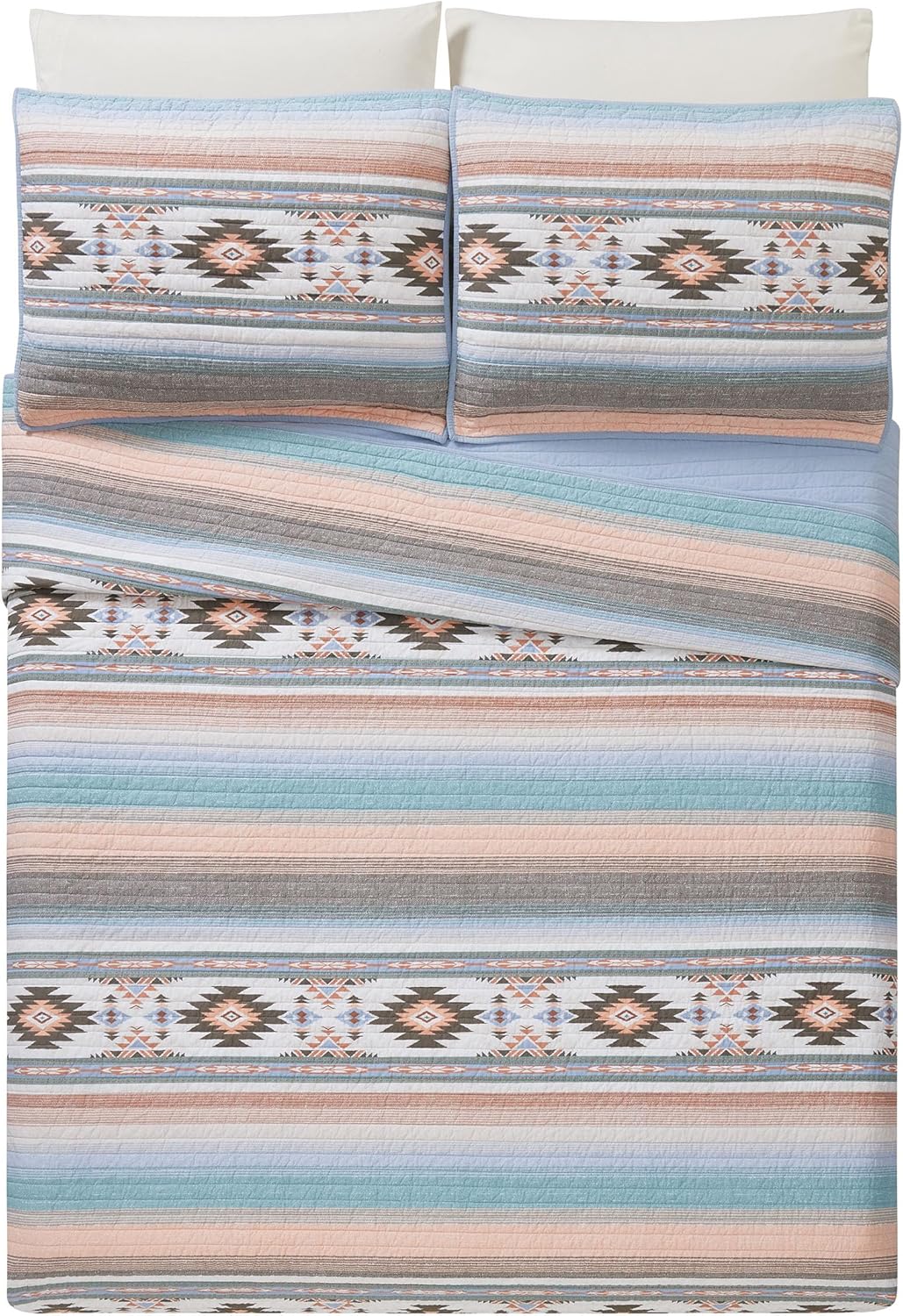 Sunset Canyon 3-Piece Southwestern Stripe Rustic Quilt Set, 100% Cotton Lightweight All Seasons Quilted Coverlet and Sham - Full Queen Size
