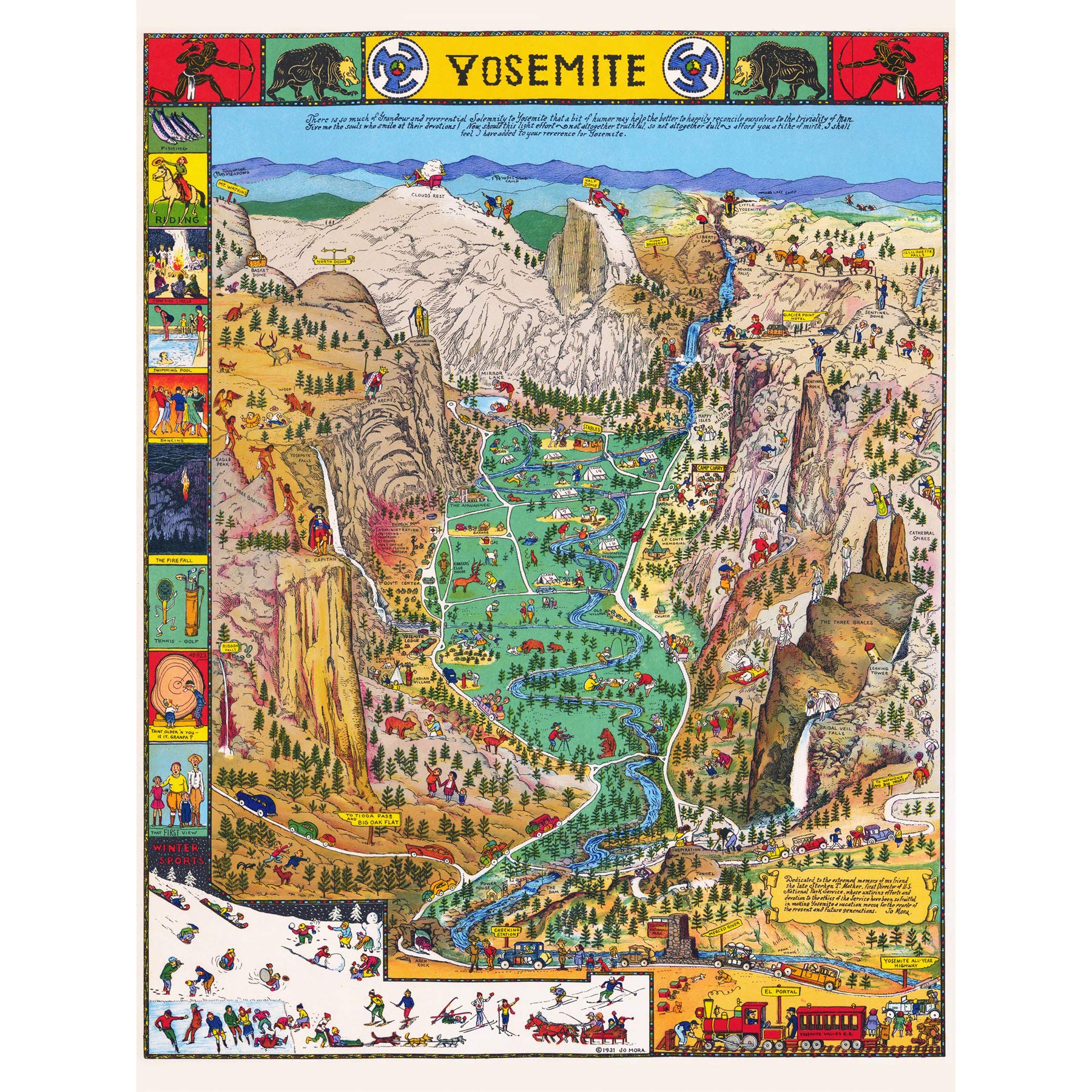 Artery8 Map Mora 1931 Yosemite Valley Pictorial Premium Wall Art Canvas Print 18X24 Inch