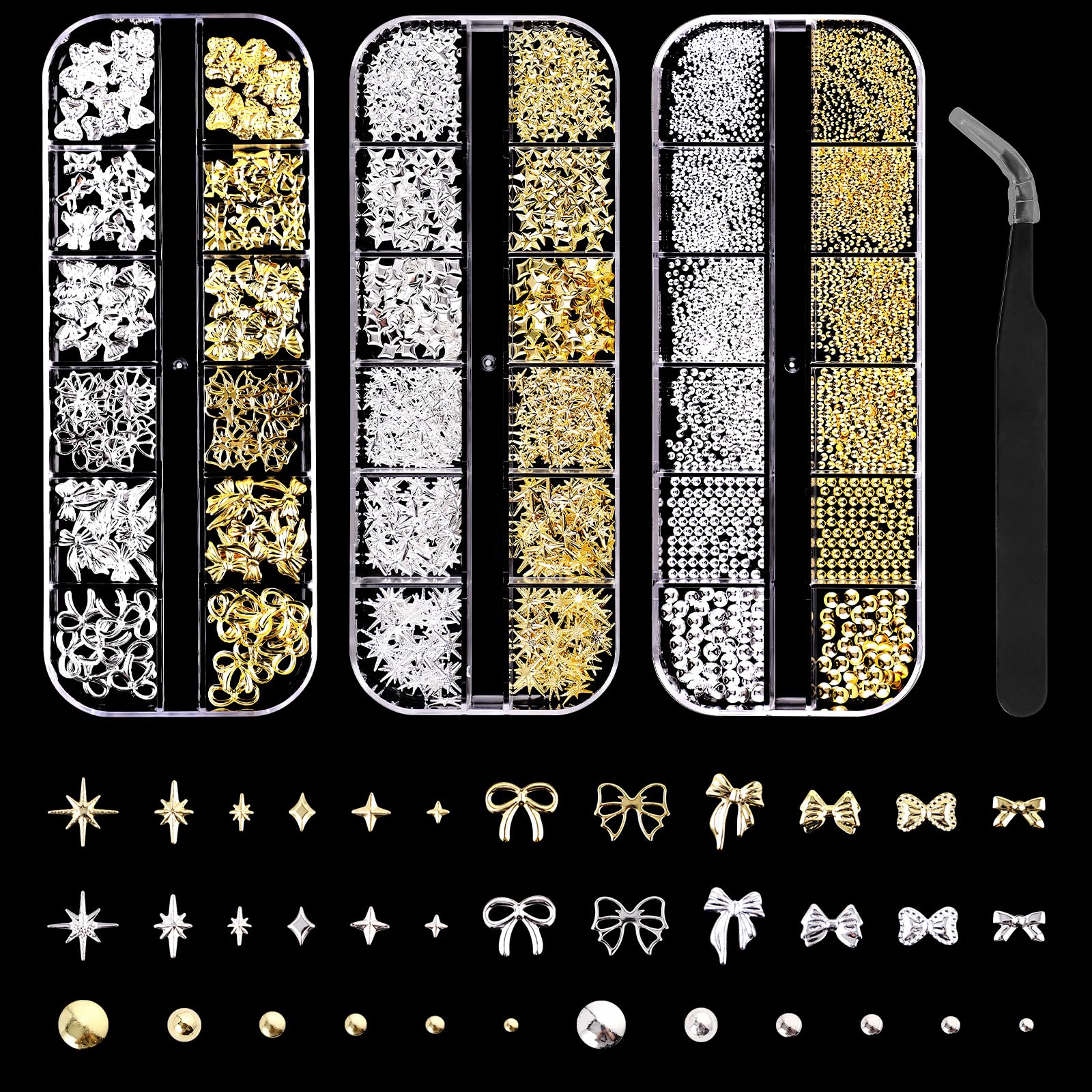3 Schachteln Nail Charms, 36 Typen Charms Nägel, Gold Silber Stern Schleifen Perle Nagelschmuck, Nagel Steinie Set mit einer Pinzette, Nails Art Charms für Frauen Nageldesign Zubehör