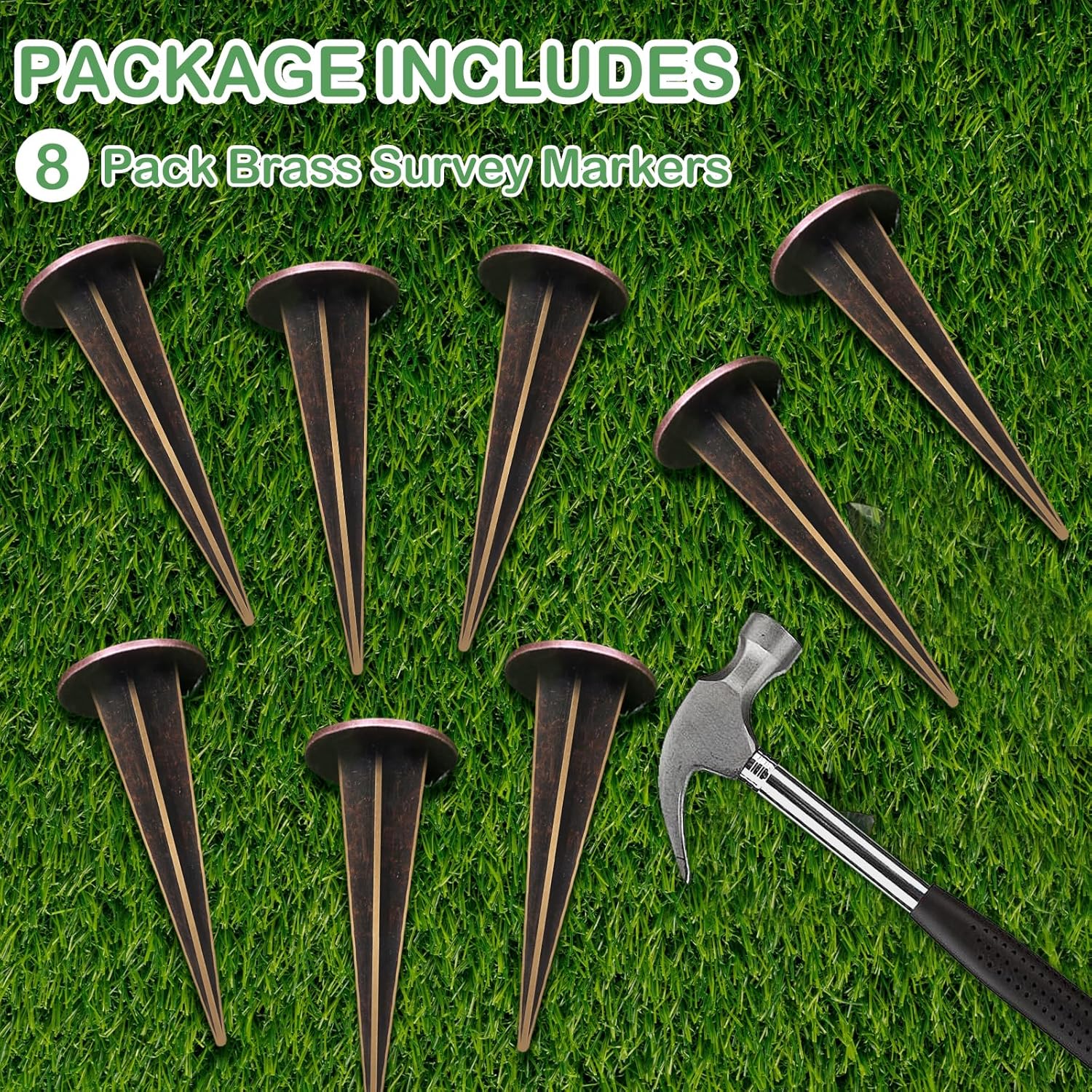8 Pack Permanent Property Line Markers, 7x3 Inch Brass Boundary Markers for Property Land Survey Stakes Heavy Duty Survey Pin for Home Depot Septic Tank Yard Paver Ground Landscape Surveying