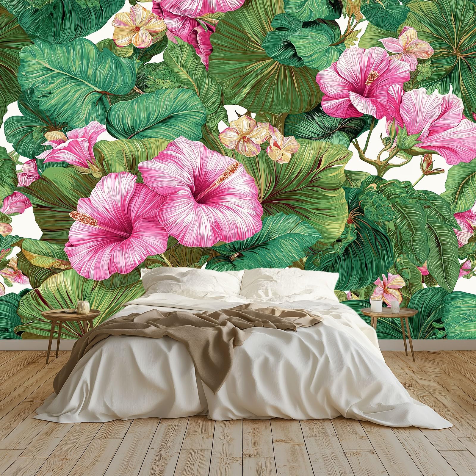 Fototapeta Retro Hibiskus Liście Egzotyczne Kwiaty 200 x 140 cm - Tapeta z włókniny (TNT) efekt 3D, dekoracyjna fototapeta do salonu, sypialni i jadalni - zielona