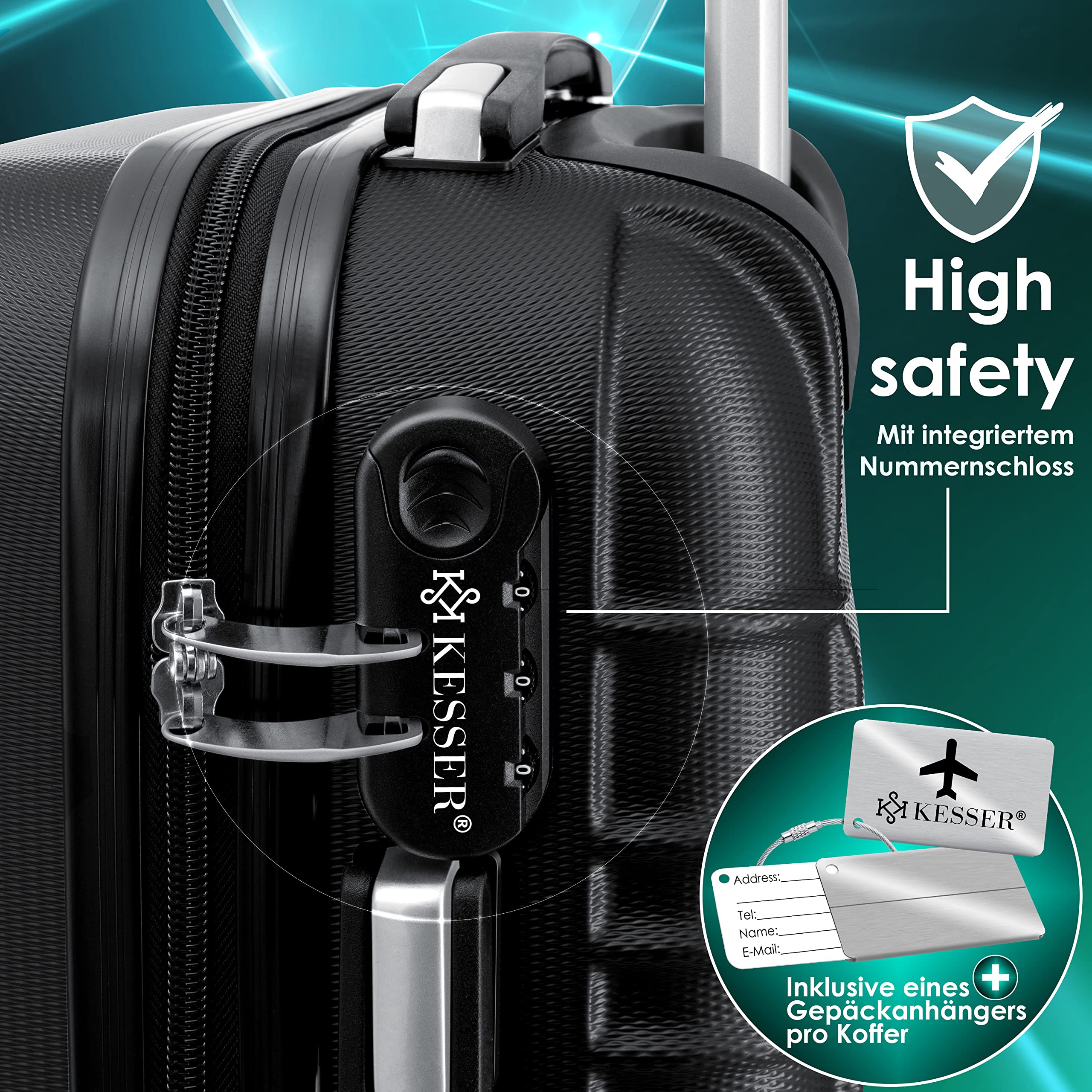 KESSER® Set di 3 valigie rigide, trolley, incl. bilancia per bagagli + etichetta, chiusura, manico telescopico M-L-XL