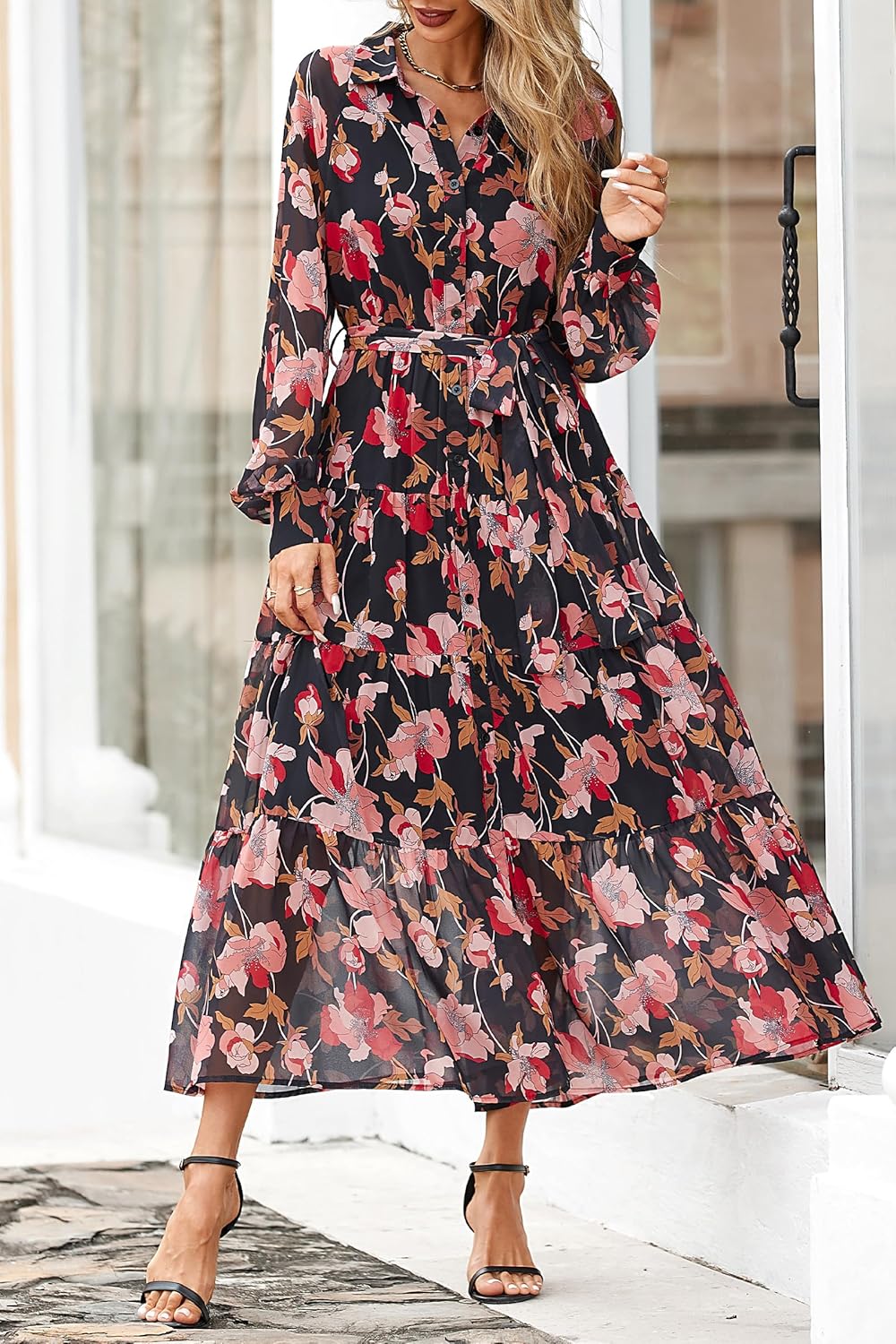 PRETTYGARDEN Womens Spring Dress 2026 Casual Long Sleeve Button Down Belted Boho Floral Flowy Maxi Wedding Guest Dresses - Image 8