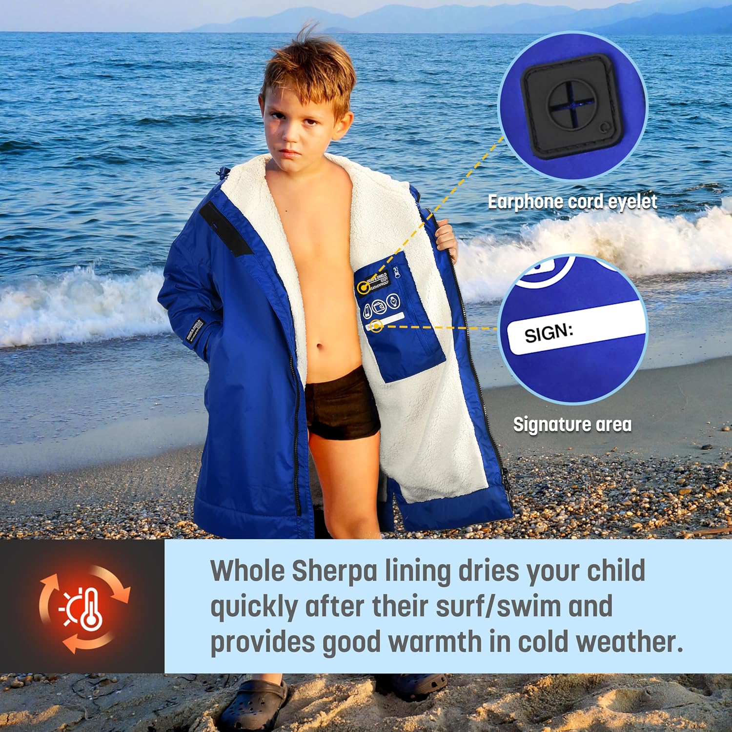 Catalonia Swim Parka with Hood, Lightweight Youth Surf Swim Jacket, Waterproof & Warm Sherpa Lined Swim Coat