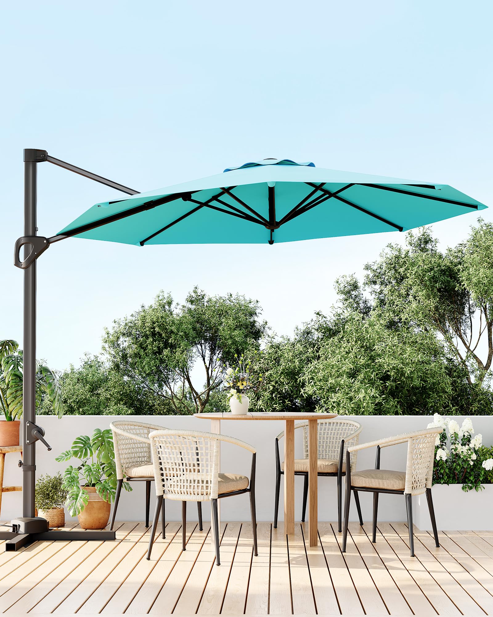 Paraguas voladizo de 10 pies para patio al aire libre con base incluida, sombrilla de mercado compensada a prueba de viento con rotación de 360 grados para patio, jardín, terraza, piscina 7