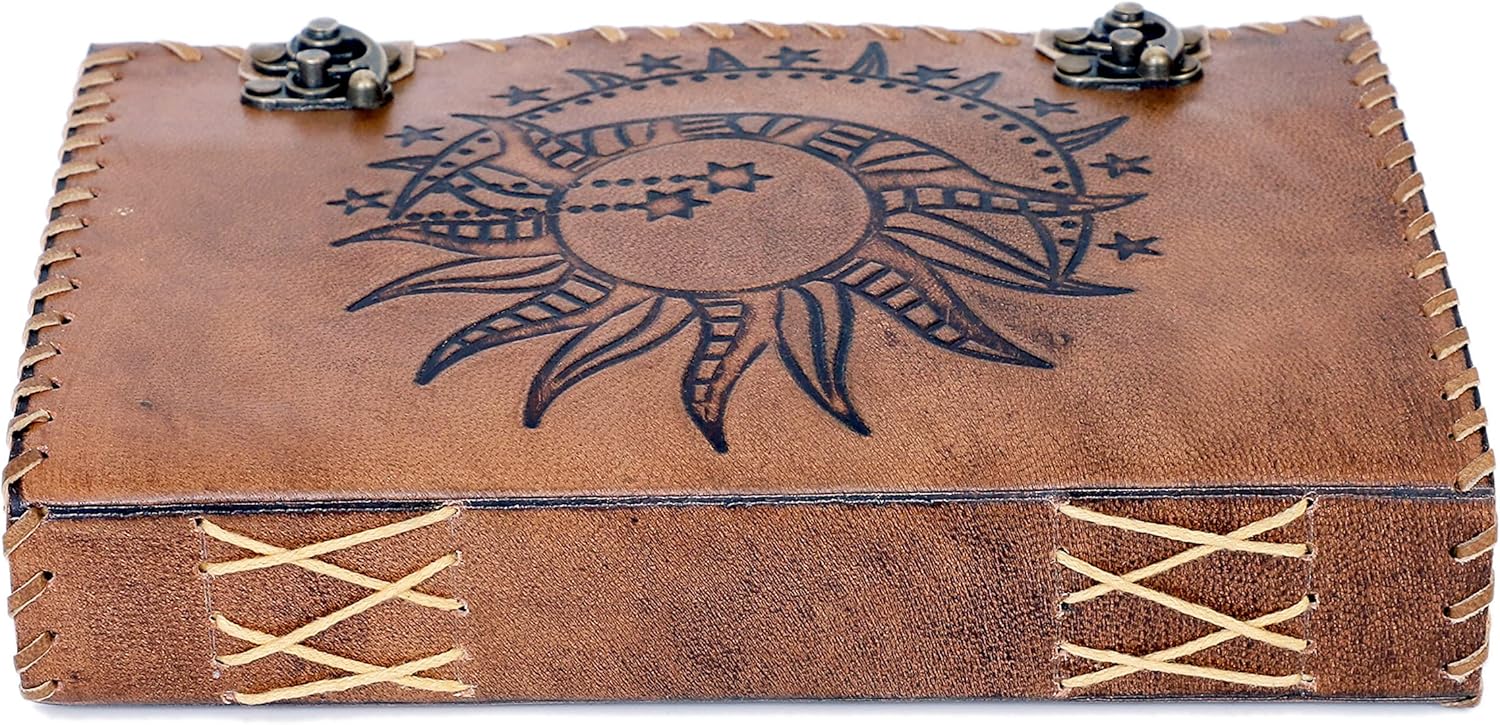 Sun & Moon Emboss Journal, 220 Deckle Edge Handmade Pages Journal, Vintage Journal, Sun Moon Journal, Leather Sketchbook, Leather Notebook, Leather Journal for Men, Vintage Brown,Deckle Edge Paper)
