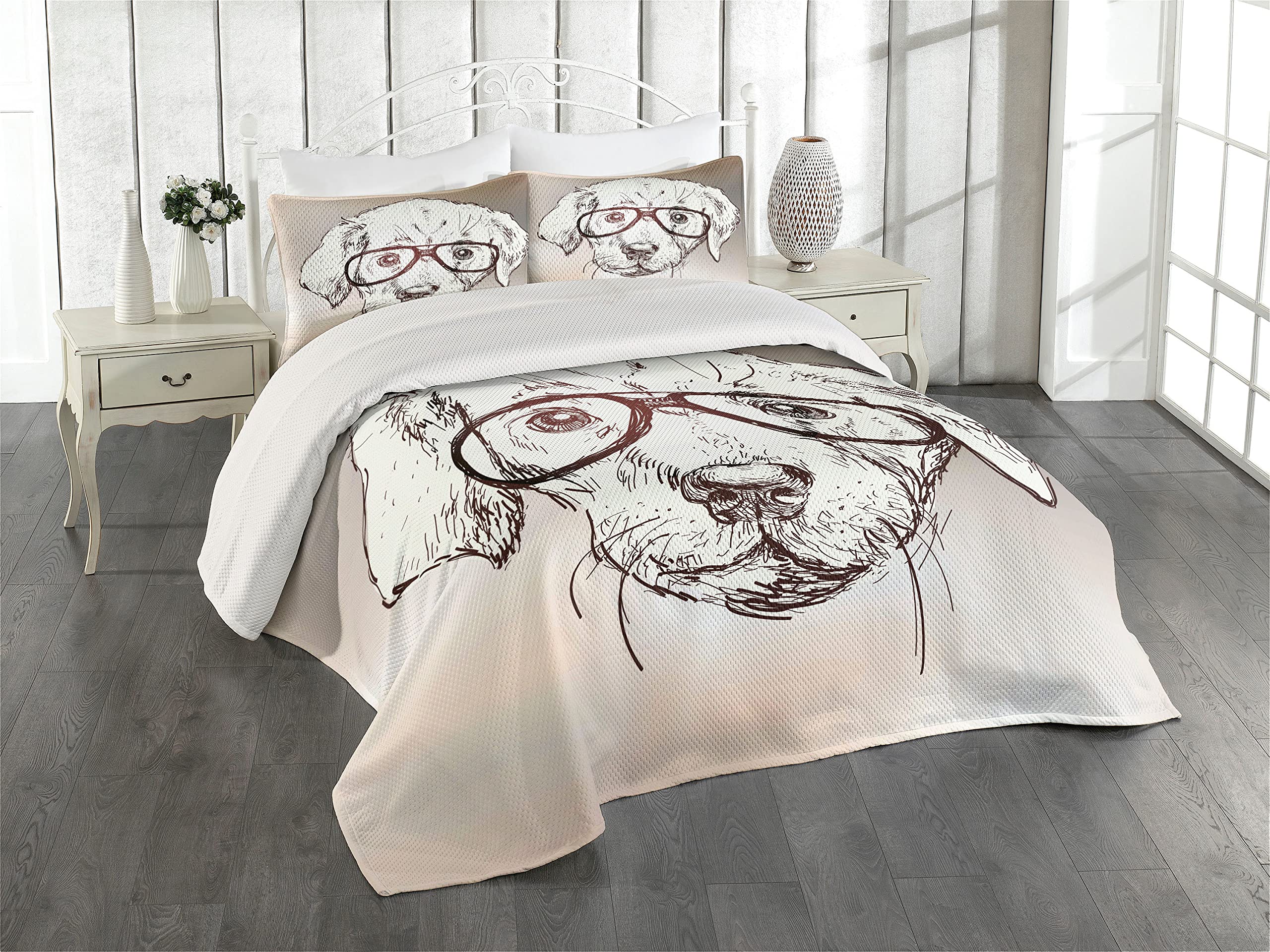Ambesonne Modern Coverlet, Hipster Puppy with Glasses Smart Dog Nerd Animal Humor Fun Graphic Design, 3 Piece Decorative Quilted Bedspread Set with 2 Pillow Shams, King Size, White Tan Brown