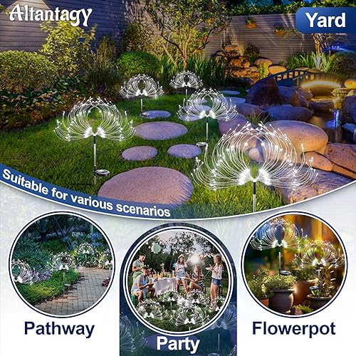 Miniatura 2 de Luces solares de jardín para exteriores alambre de cobre blanco flexible de 120 luces LED de fuegos artificiales, paquete de 2 unidades,