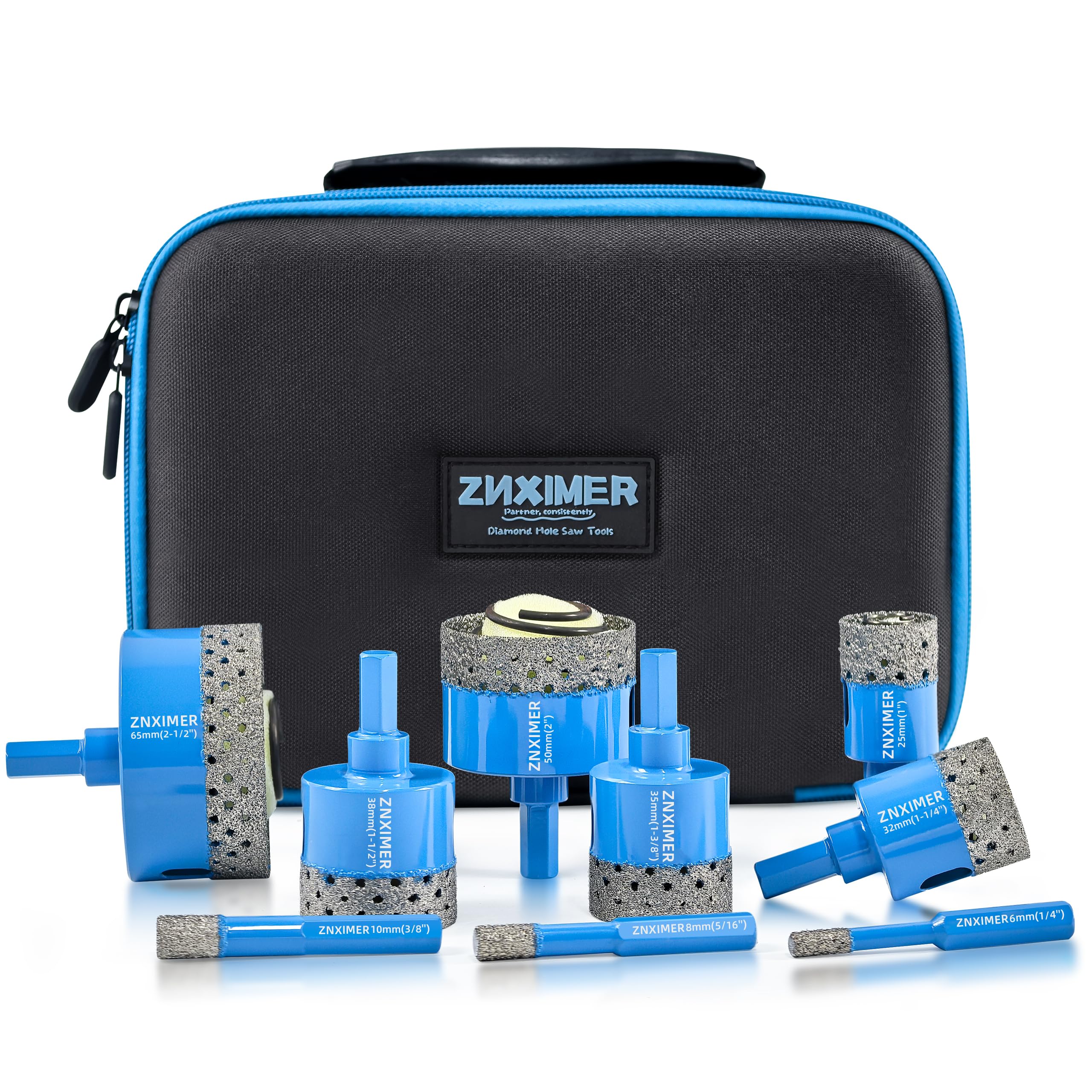 Diamond Hole Saw Kit - ZNXIMER Diamond Core Drill Bits Set for Ceramic, Granite, Marble and More Drilling - 9pcs Porcelain Tile Hole Saw Kit(6/8/10/25