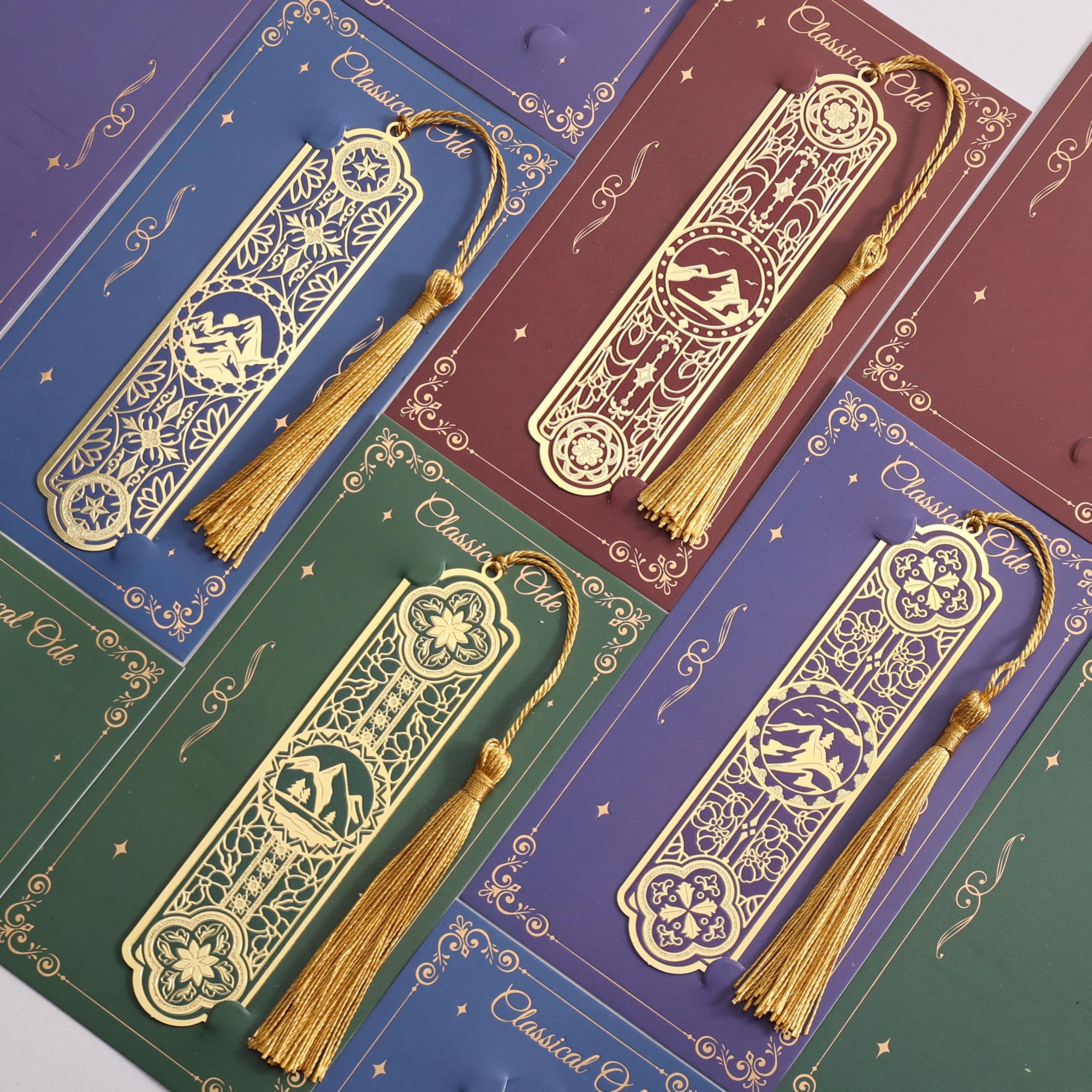 4 Pieces Metal Bookmarks with Tassel, Golden Hollow Bookmark Oil Painting Theme Book Mark Bookmarks for Book Lovers Writers Readers Children Teens Men Women Adults: 4Pcs Mountain